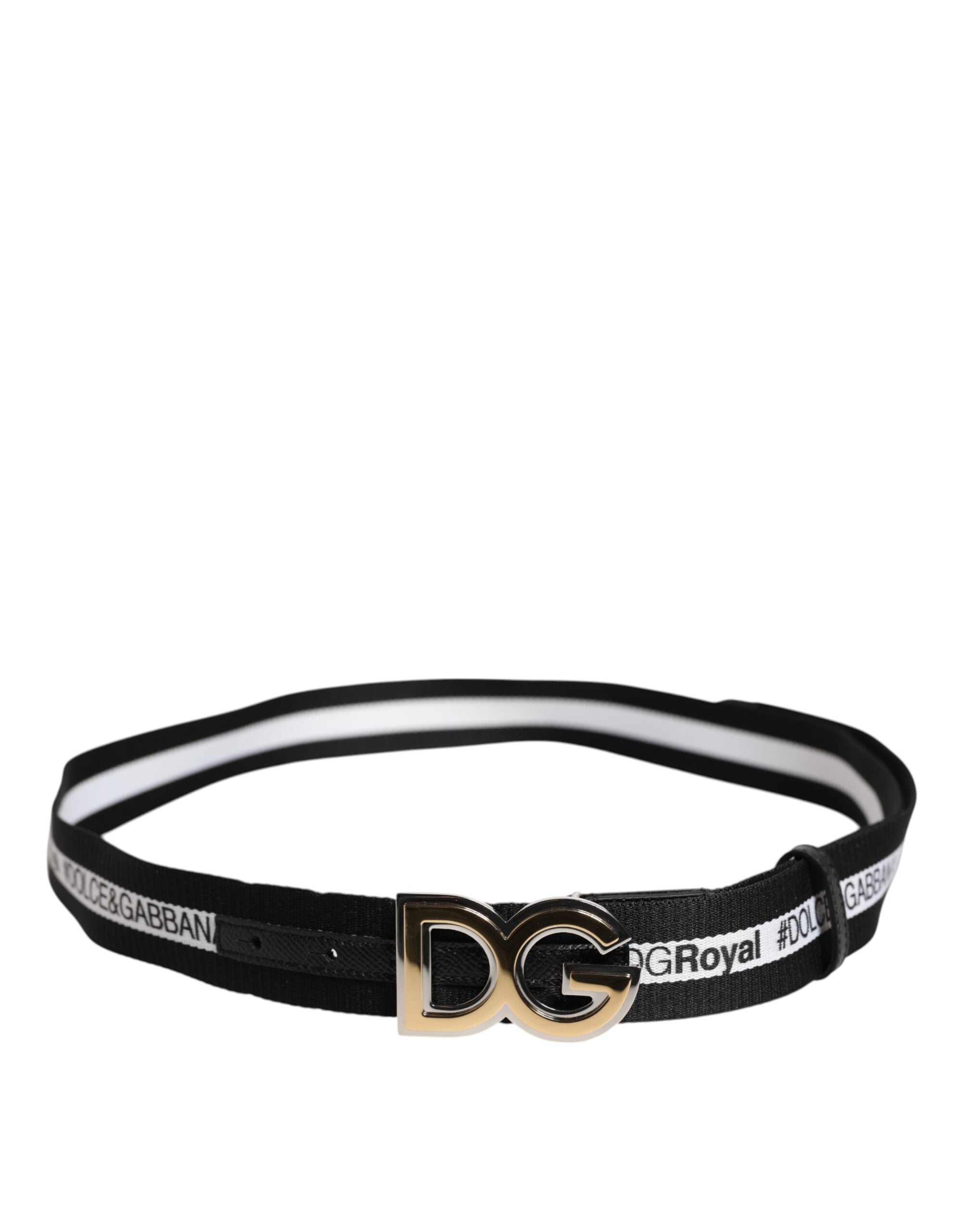Dolce &amp; Gabbana – Schwarzer Baumwollgürtel mit DG-Logo und goldener Schnalle aus Metall