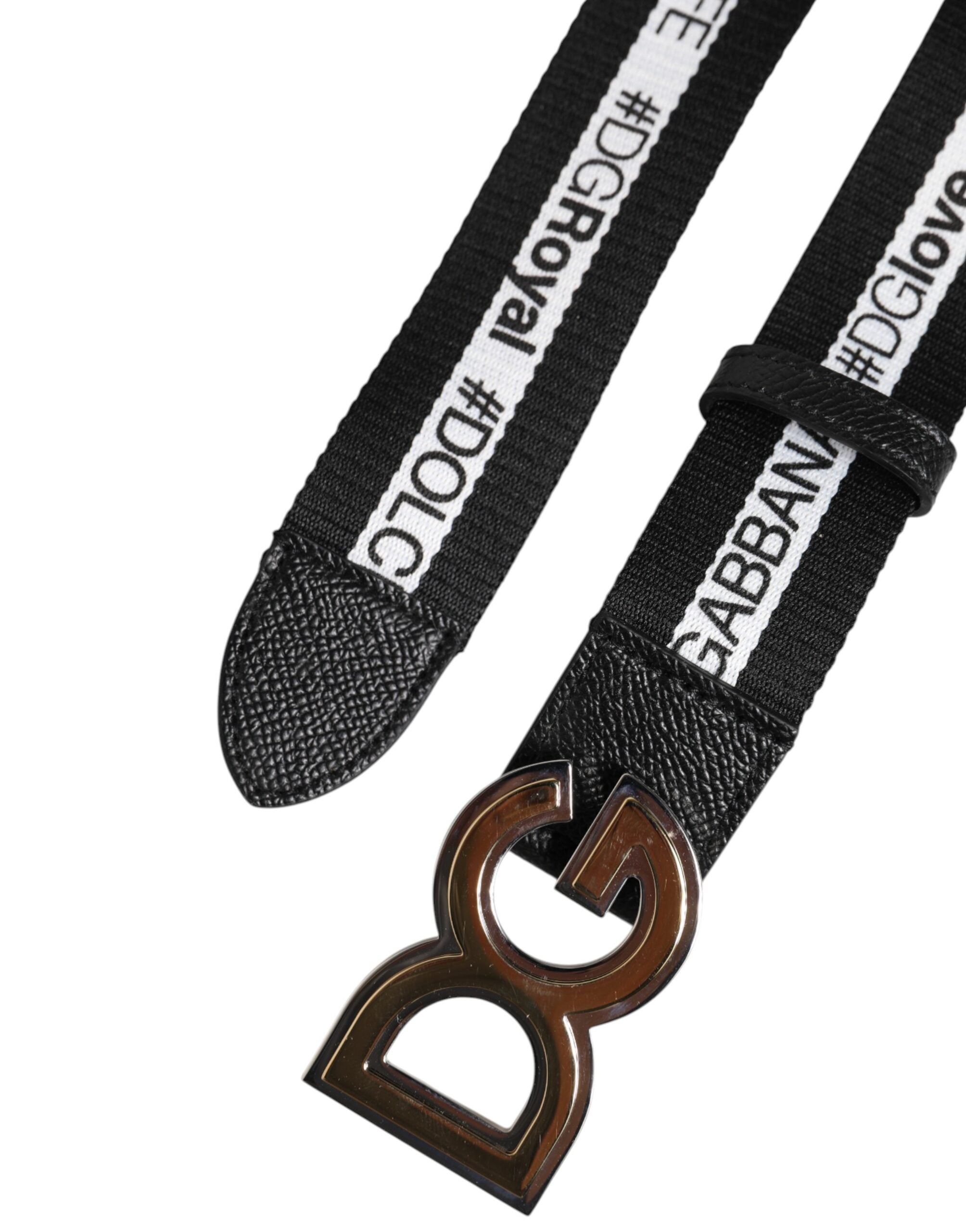 Dolce &amp; Gabbana – Schwarzer Baumwollgürtel mit DG-Logo und goldener Schnalle aus Metall
