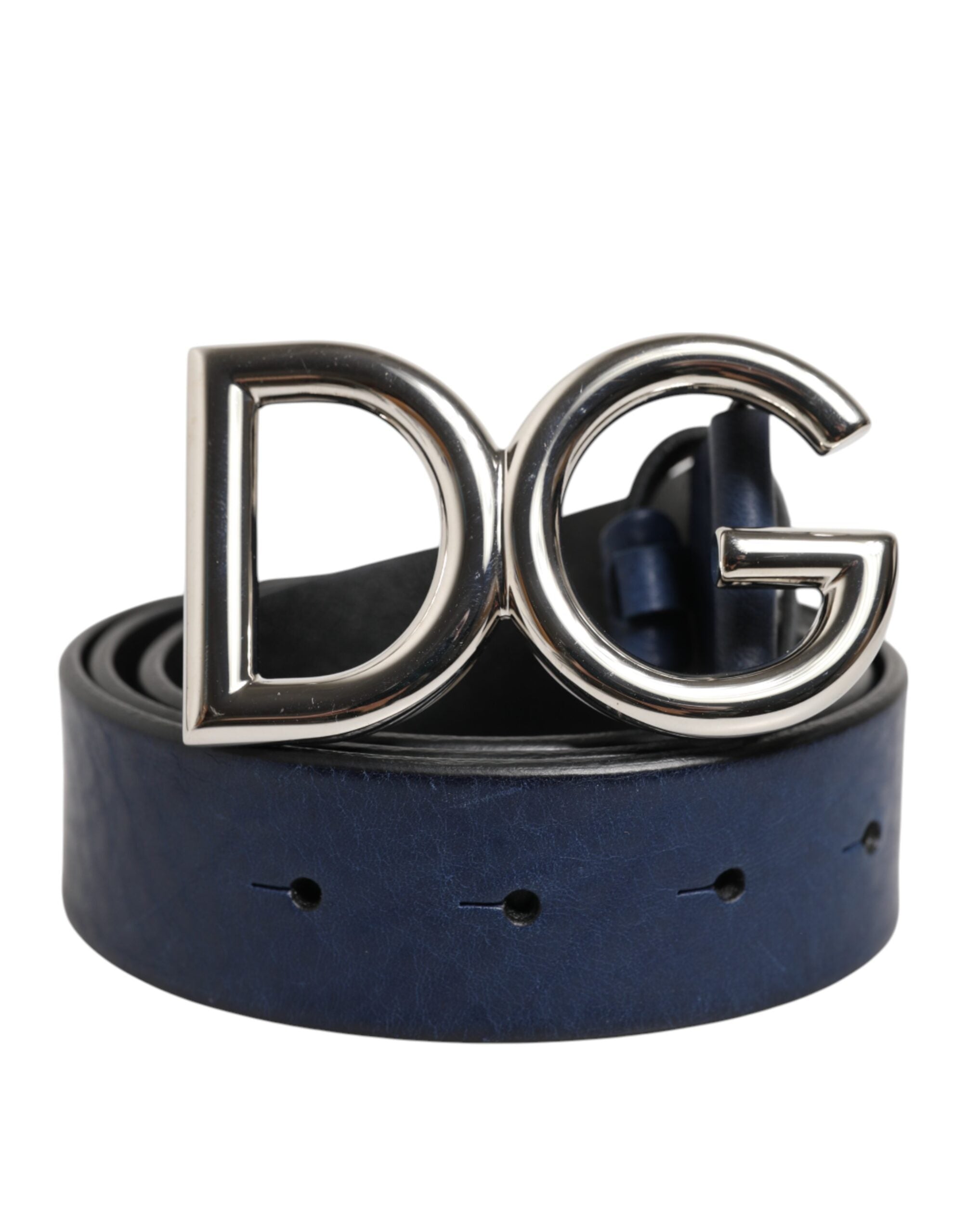 Dolce &amp; Gabbana Blauer klassischer silberner Metallgürtel mit DG-Logoschnalle