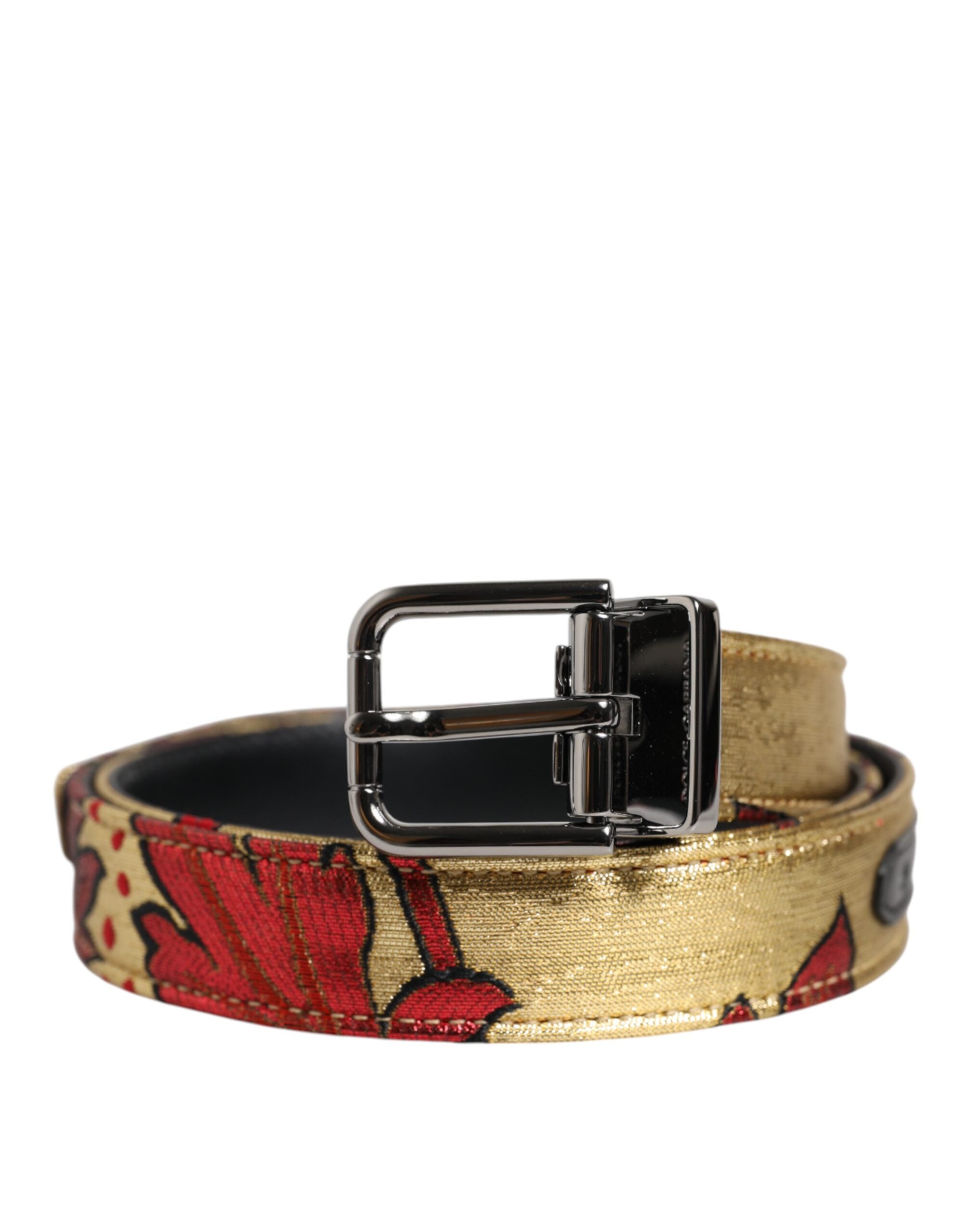Dolce &amp; Gabbana – Goldfarbener Jacquard-Gürtel mit floraler Schnalle aus silbernem Metall