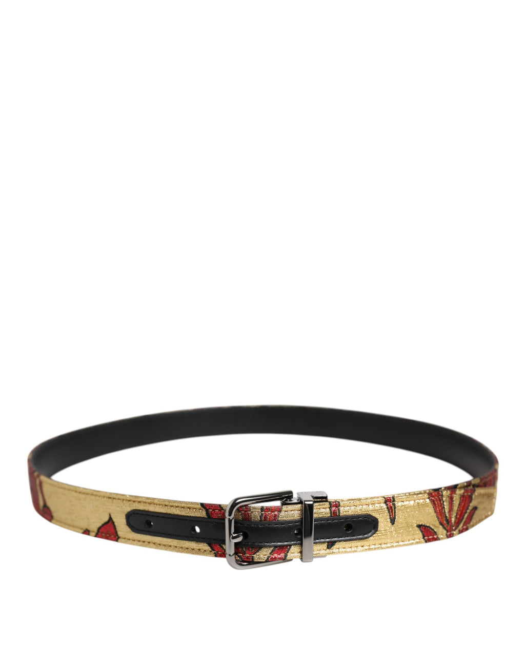 Dolce &amp; Gabbana – Goldfarbener Jacquard-Gürtel mit floraler Schnalle aus silbernem Metall