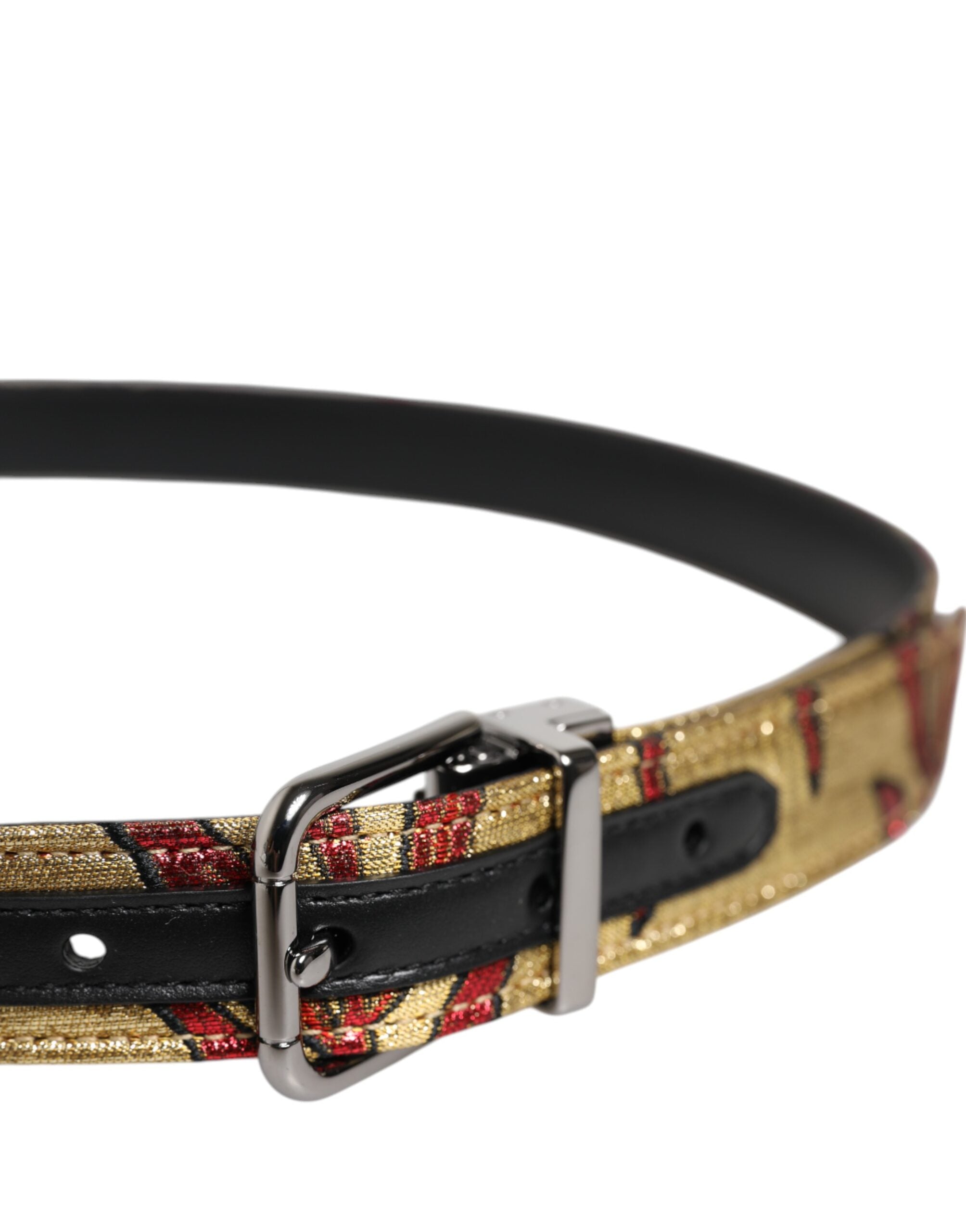 Dolce &amp; Gabbana – Goldfarbener Jacquard-Gürtel mit floraler Schnalle aus silbernem Metall