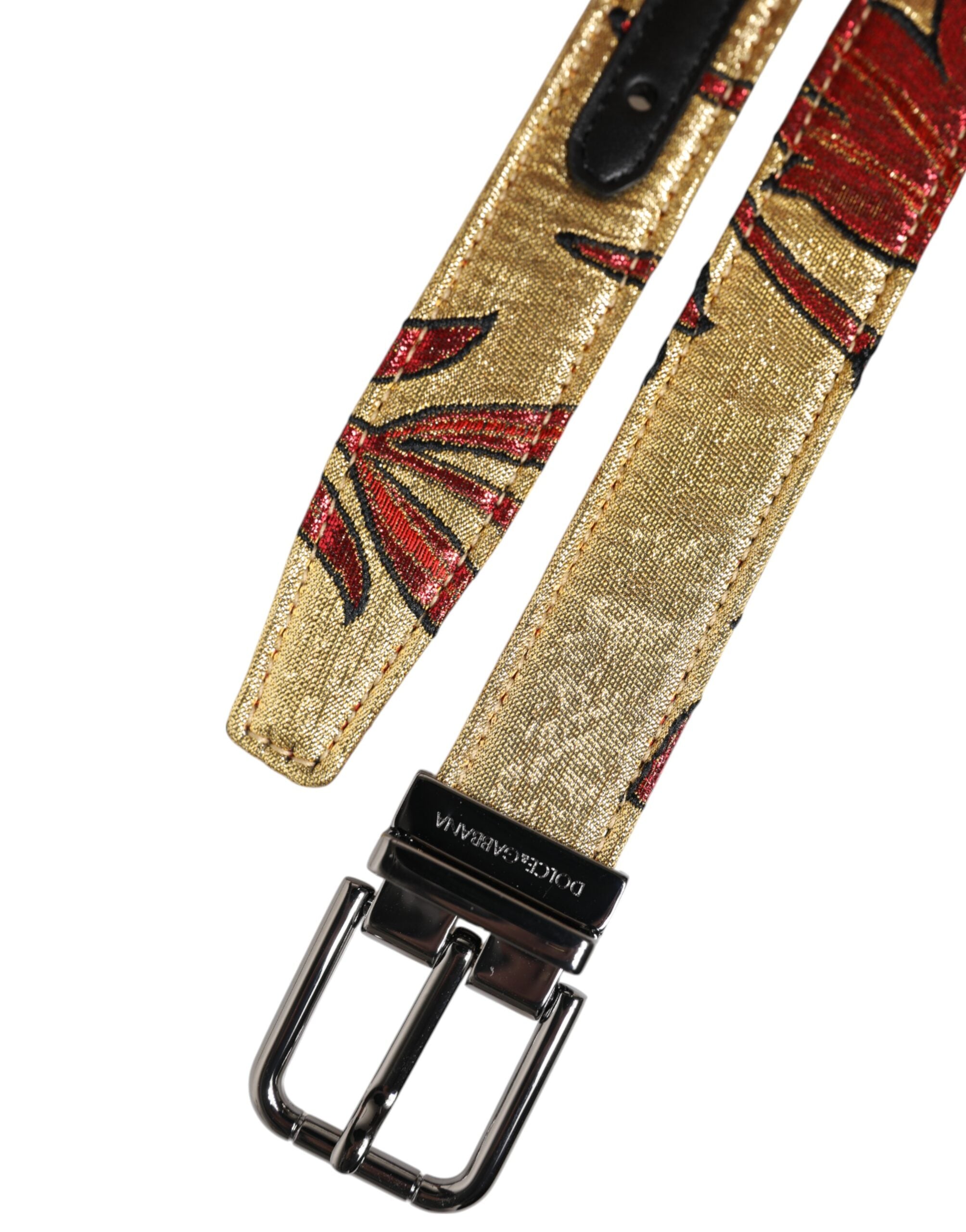 Dolce &amp; Gabbana – Goldfarbener Jacquard-Gürtel mit floraler Schnalle aus silbernem Metall