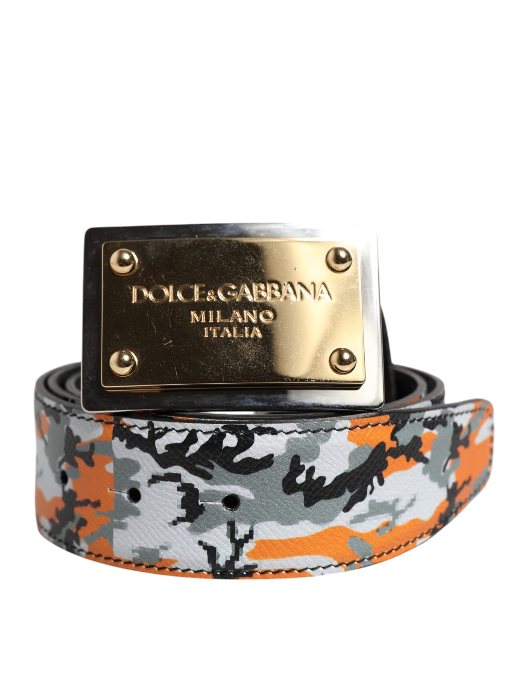 Dolce &amp; Gabbana – Mehrfarbiger Camouflage-Gürtel mit Metall-Logoschnalle