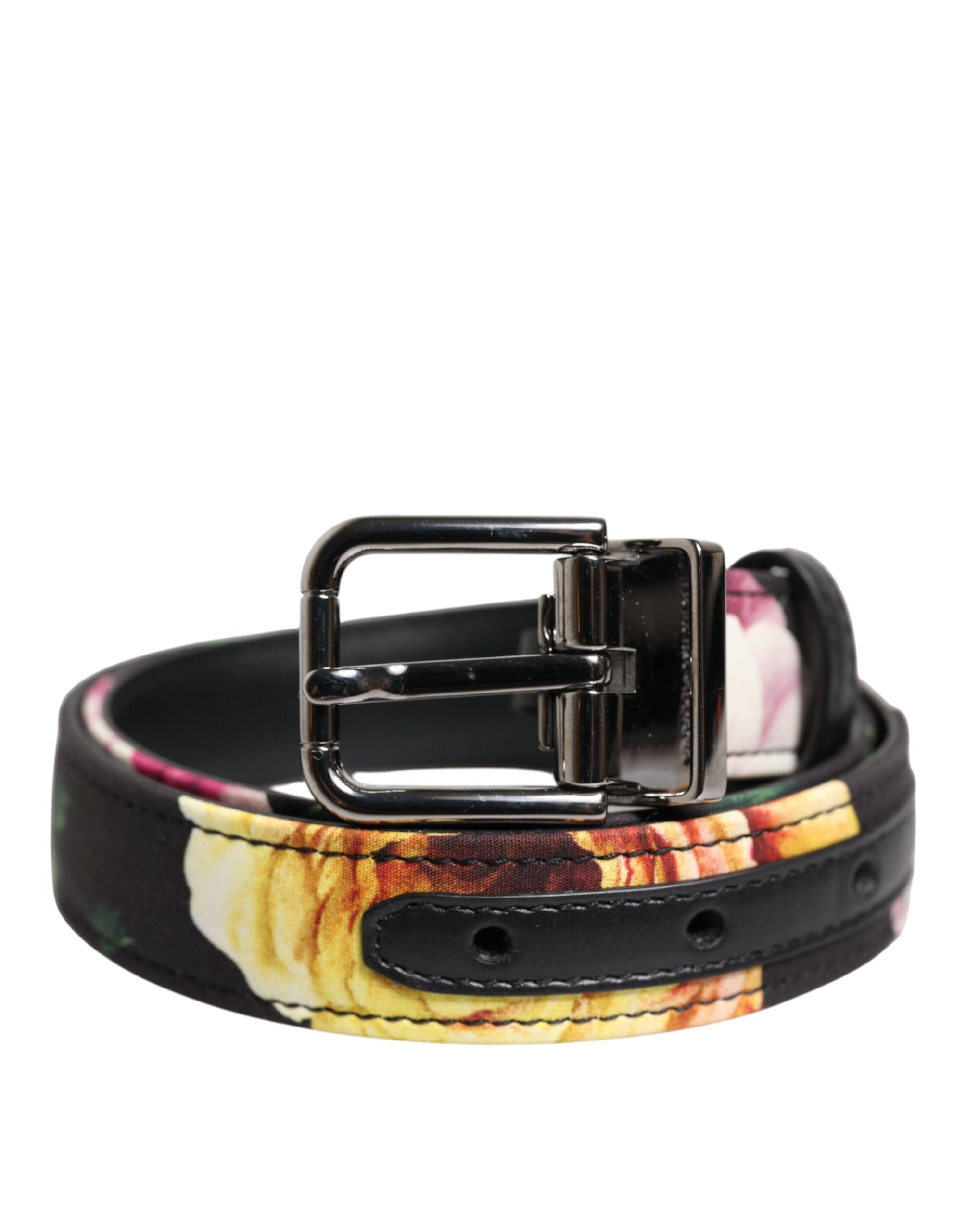 Dolce &amp; Gabbana Schwarzer Brokatgürtel mit Blumenmuster und silberner Metallschnalle