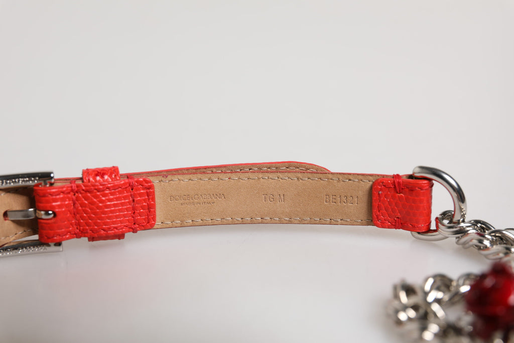 Dolce &amp; Gabbana Cintura-Gürtel aus rotem Leder mit silberner Kette und Blumenmuster