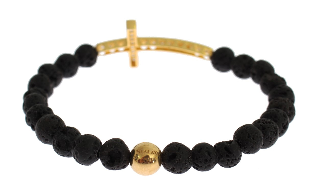 Nialaya Elegantes Armband aus Gold und schwarzem Lavastein