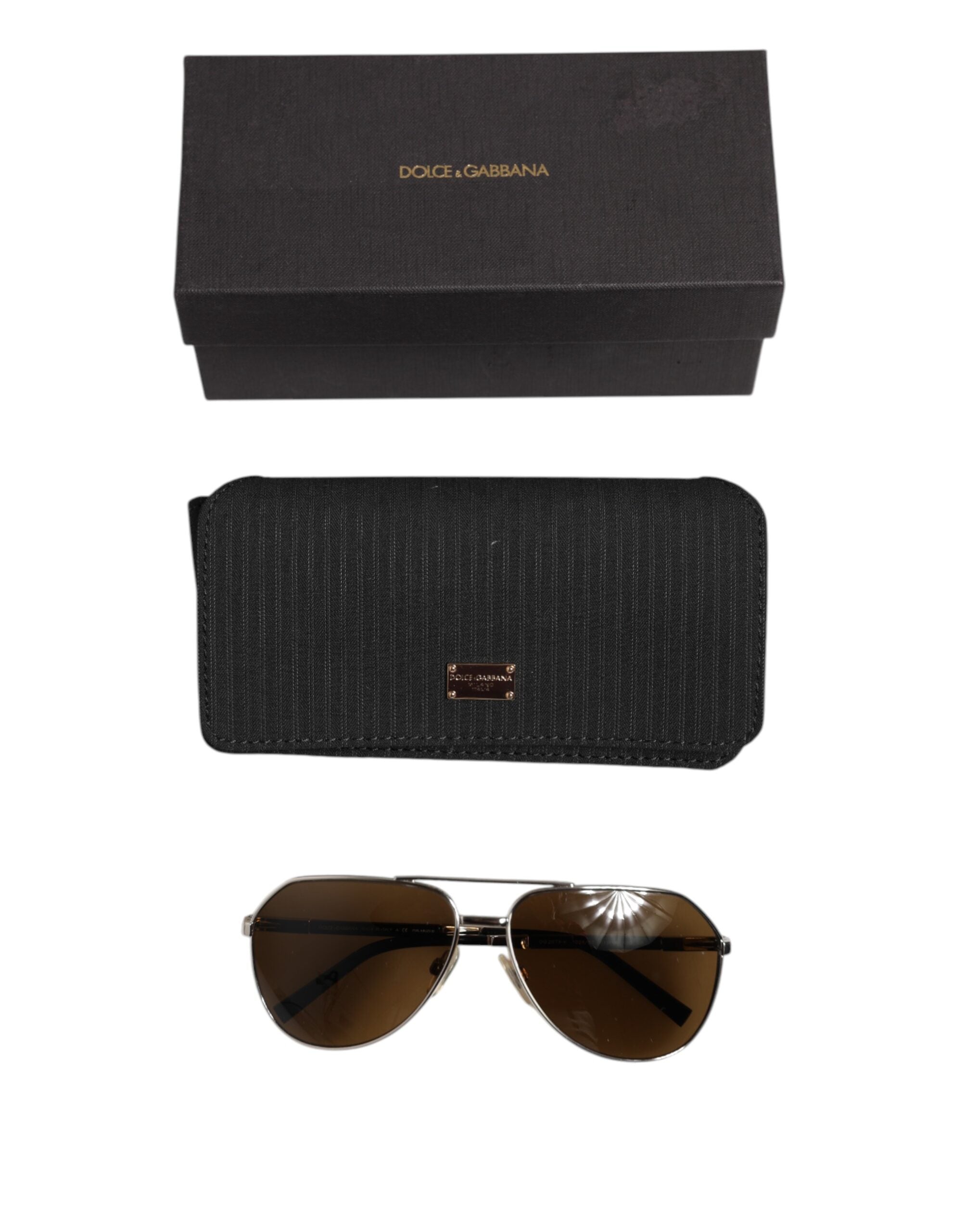 Dolce &amp; Gabbana DG2073 Klassische Pilotensonnenbrille aus silbernem Stahl mit braunen Gläsern