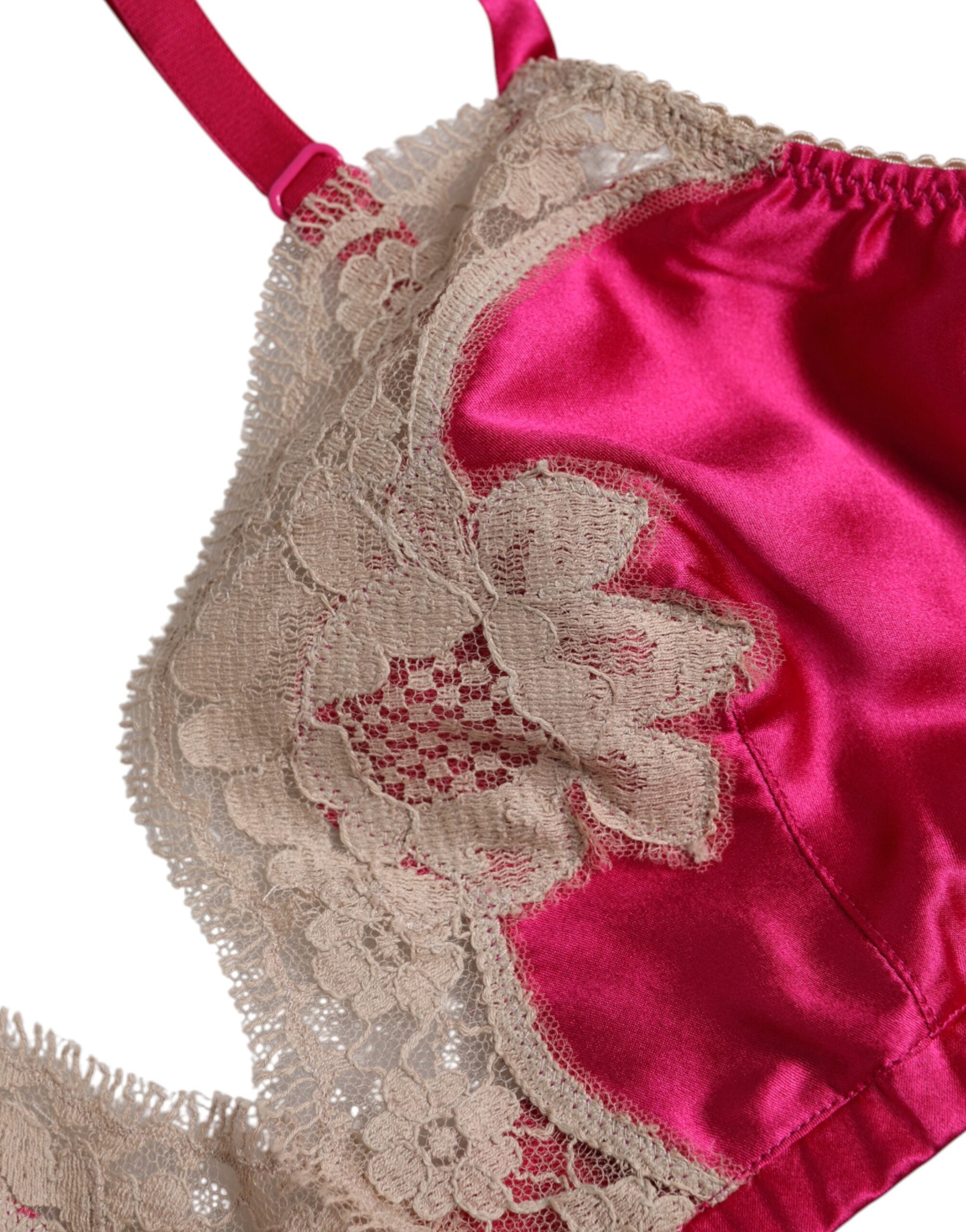 Dolce &amp; Gabbana – Magentafarbener Seiden-BH mit floraler Spitze und ohne Bügel