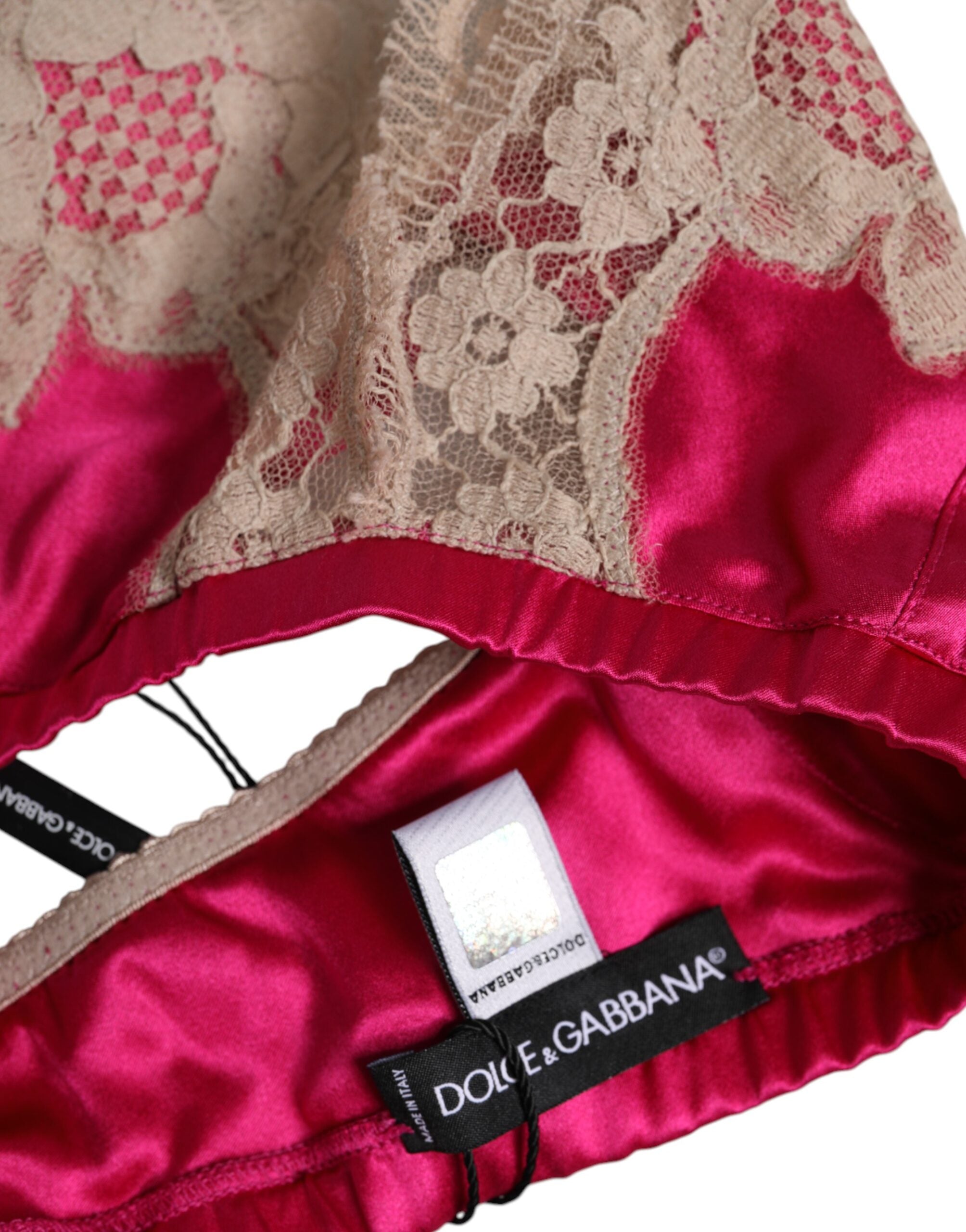 Dolce &amp; Gabbana – Magentafarbener Seiden-BH mit floraler Spitze und ohne Bügel