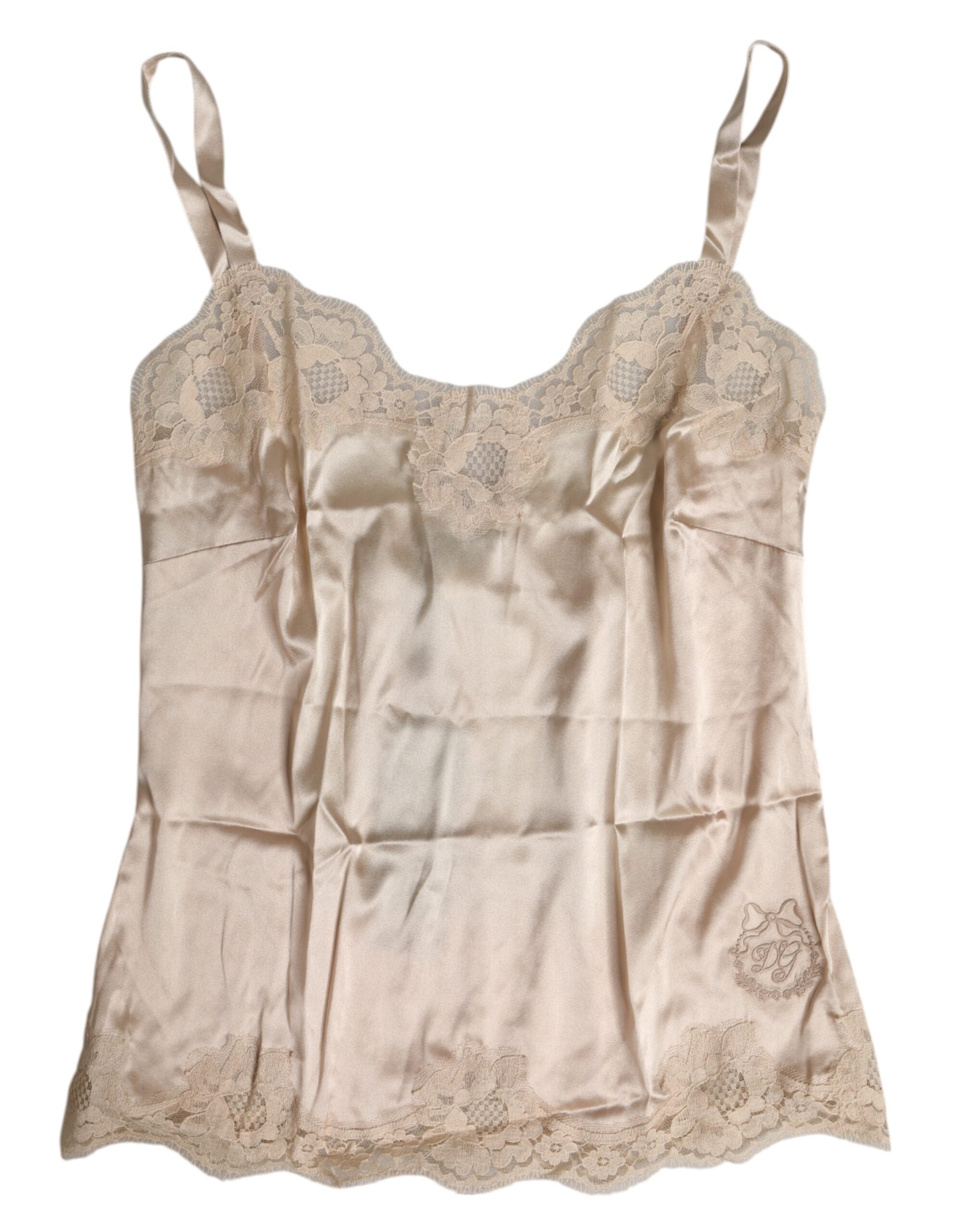 Dolce &amp; Gabbana Beige Spitzen-Seidensatin-Tanktop Dessous Unterwäsche