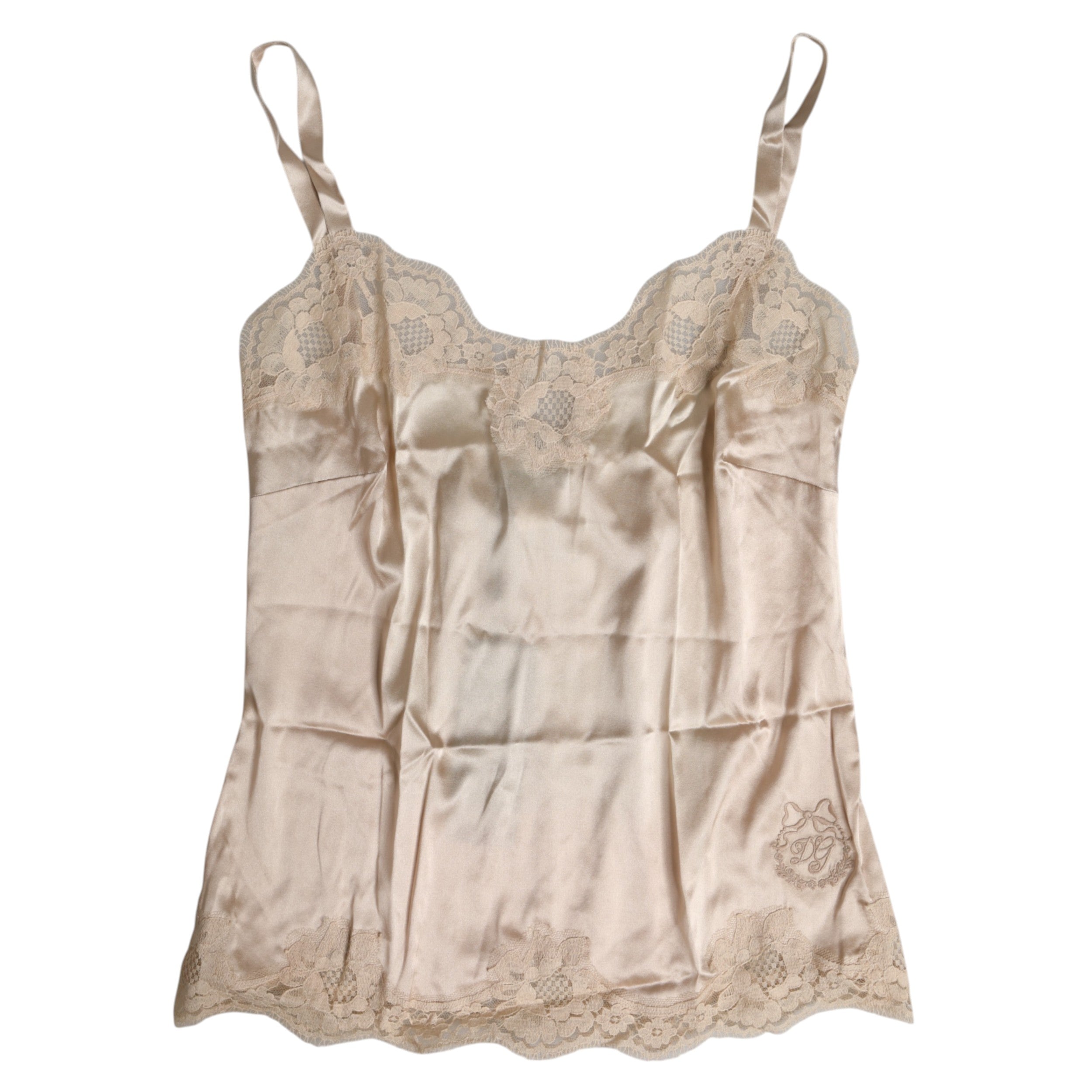 Dolce &amp; Gabbana Beige Spitzen-Seidensatin-Tanktop Dessous Unterwäsche