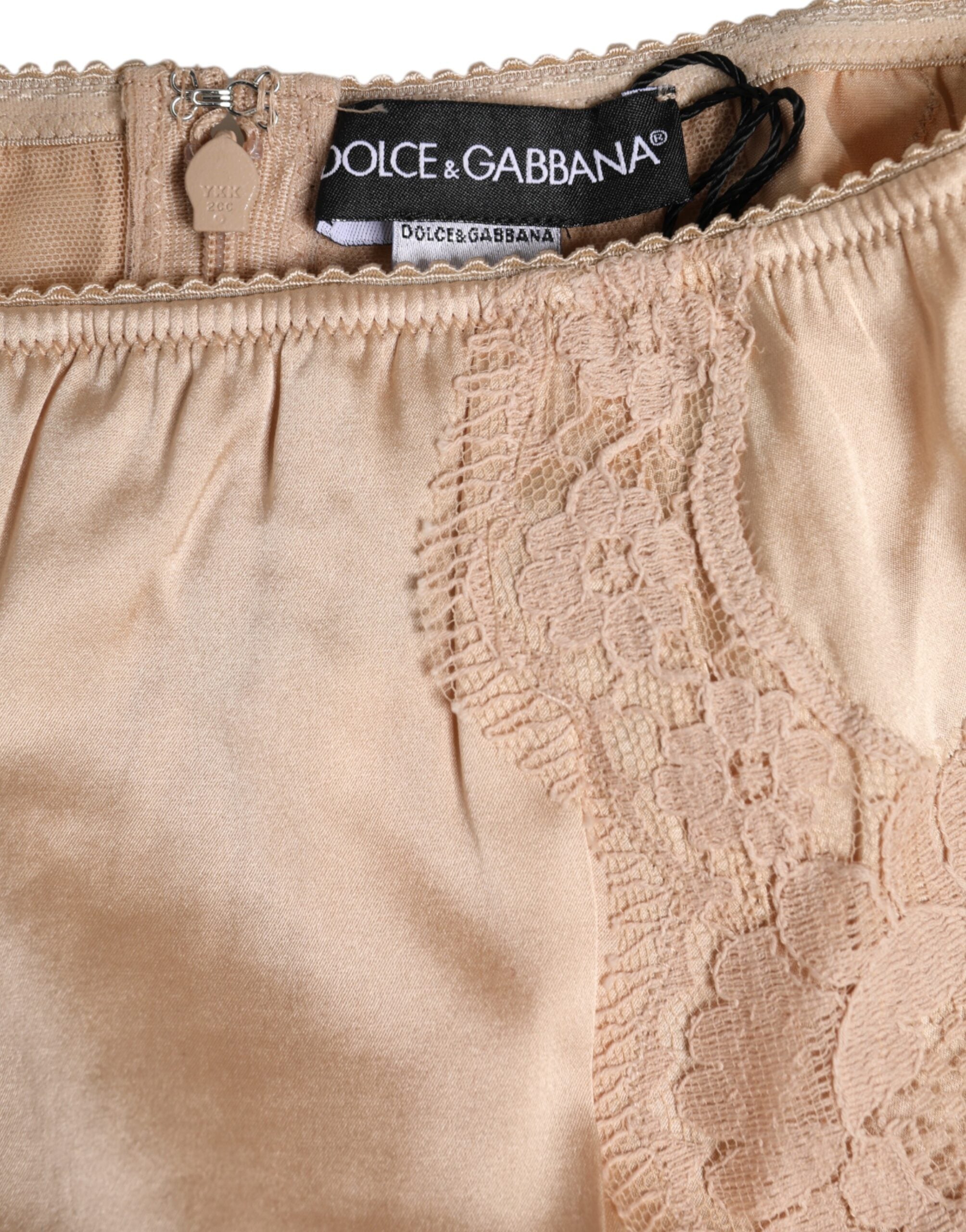 Dolce &amp; Gabbana – Beigefarbene Bikinihose mit hoher Taille und Seidenspitze
