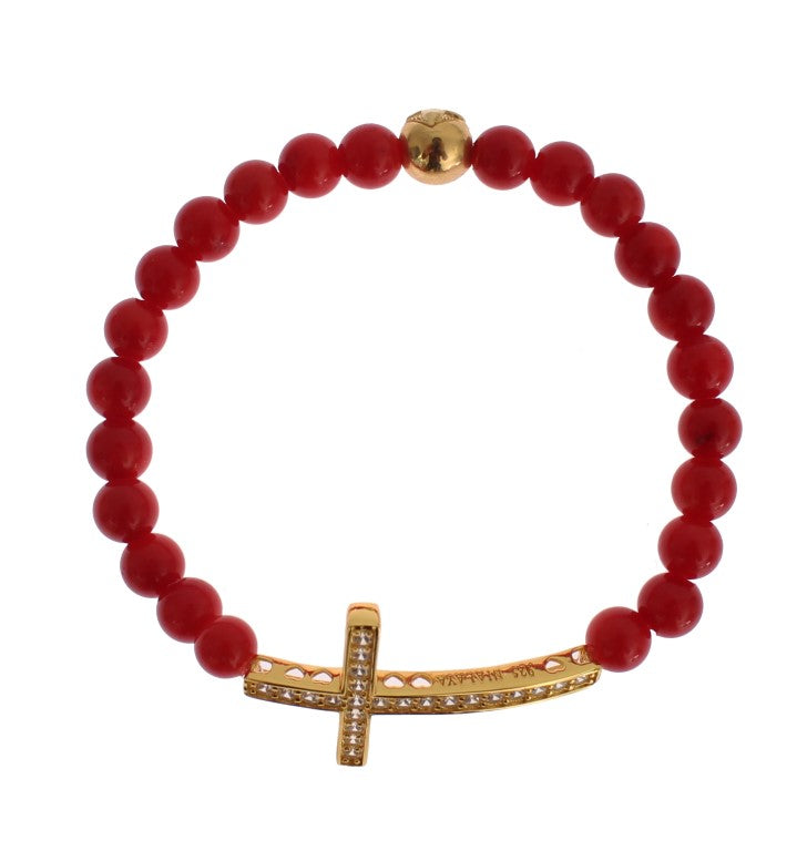 Nialaya Elegantes Perlenarmband aus Gold und roten Korallen