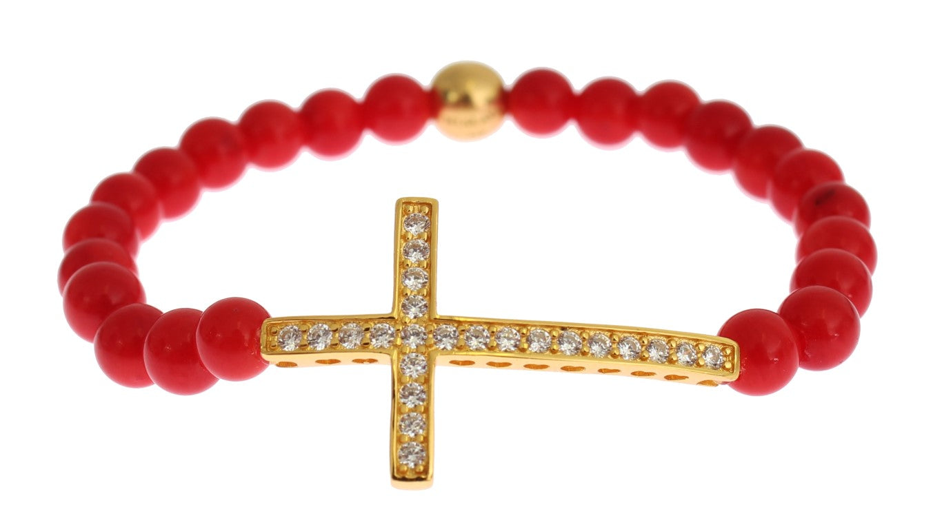 Nialaya Elegantes Perlenarmband aus Gold und roten Korallen
