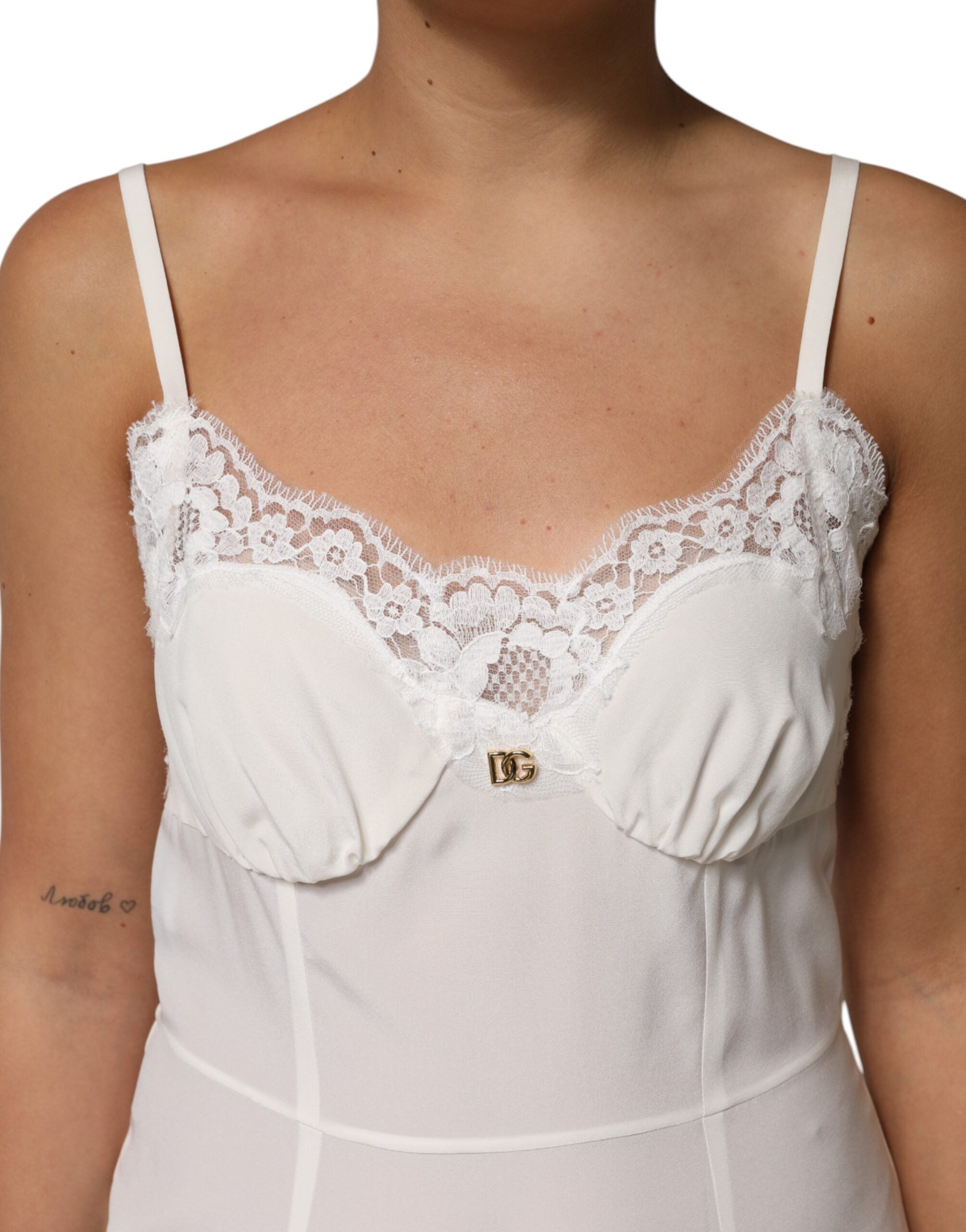 Dolce &amp; Gabbana – Nachtwäsche aus weißer Spitze und goldenem DG-Logo