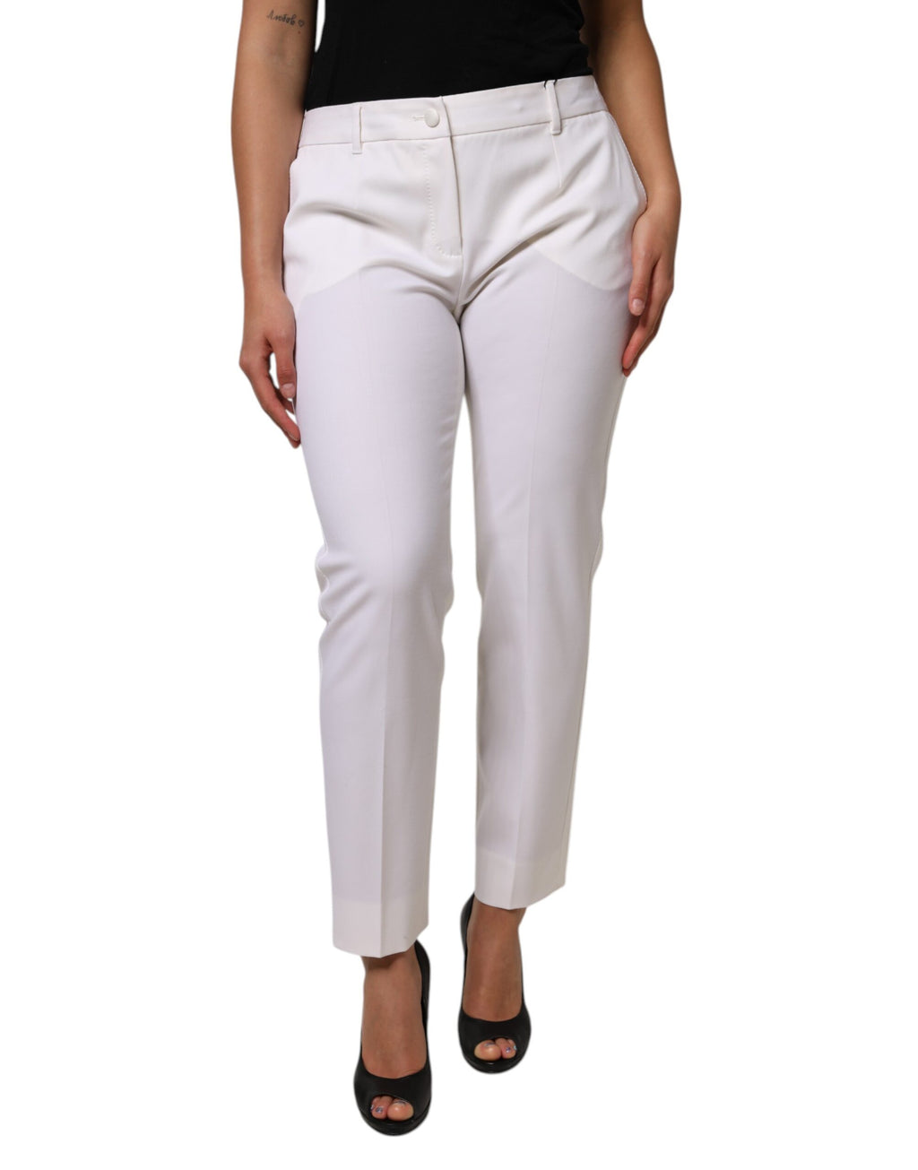Dolce & Gabbana White Wool Mid Waist Tapered Pants