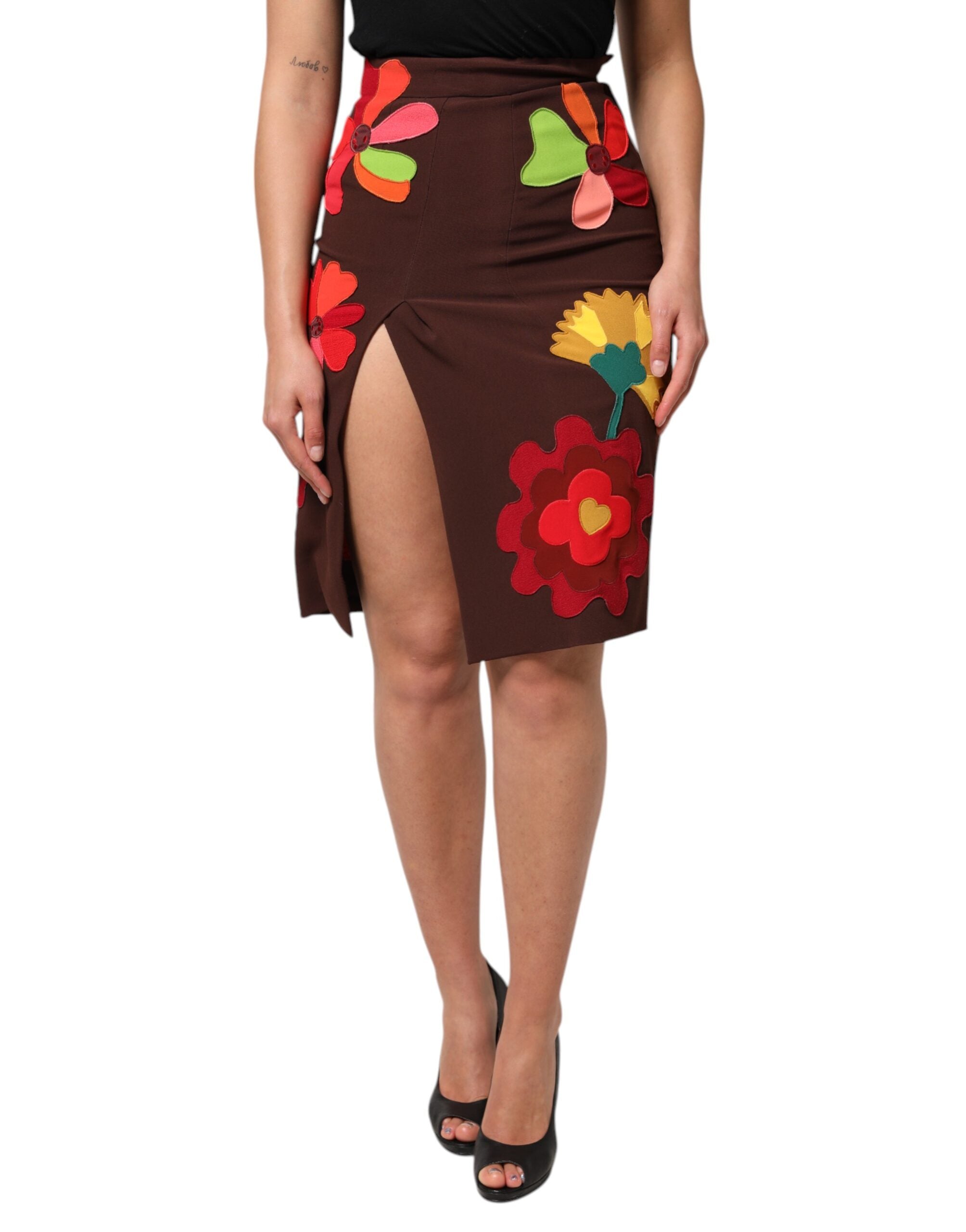 Dolce &amp; Gabbana – Brauner Rock mit Blumenmuster und hoher Taille und Seitenschlitz