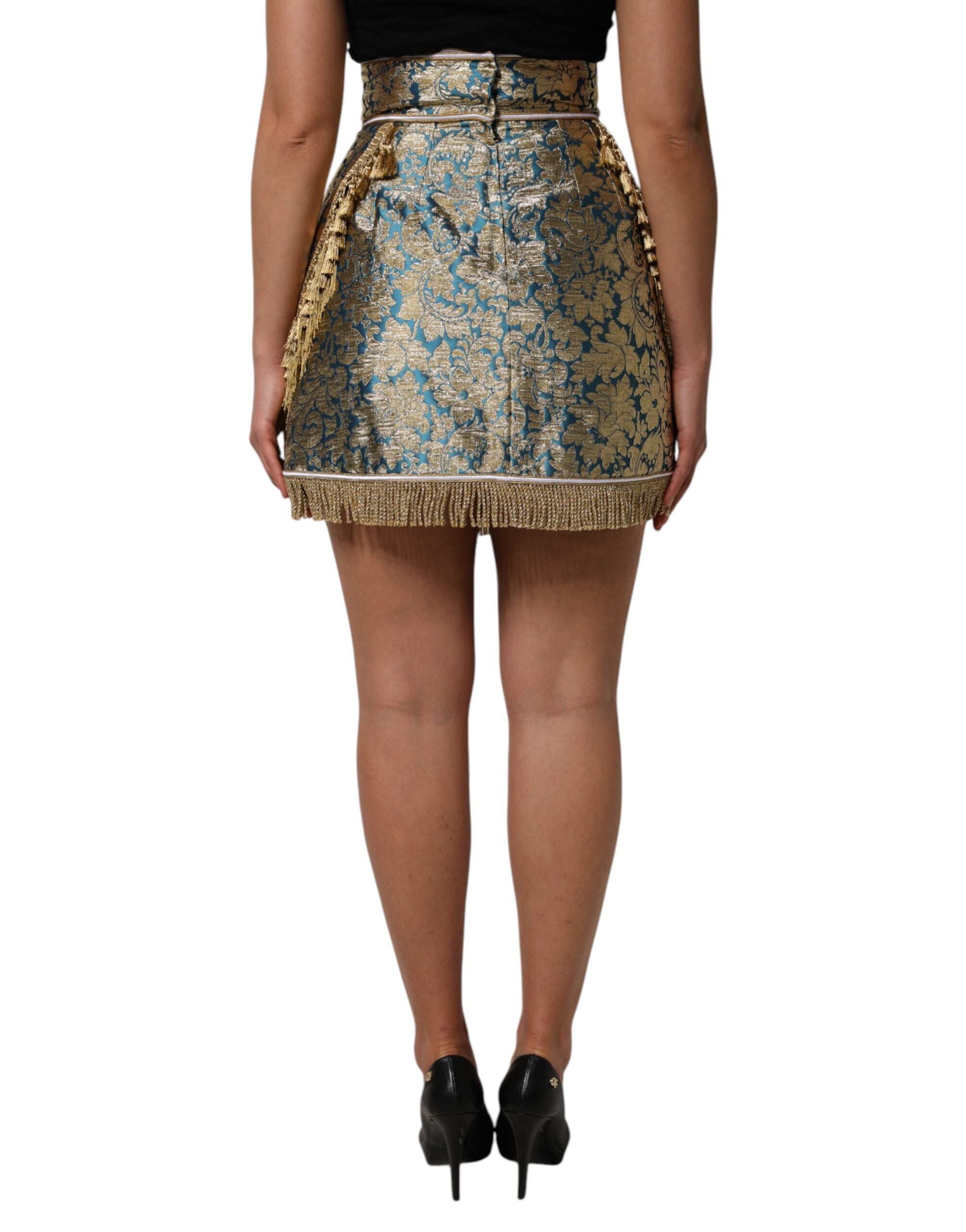 Dolce &amp; Gabbana – Blauer Jacquard-Minirock mit Quasten und Blumenmuster