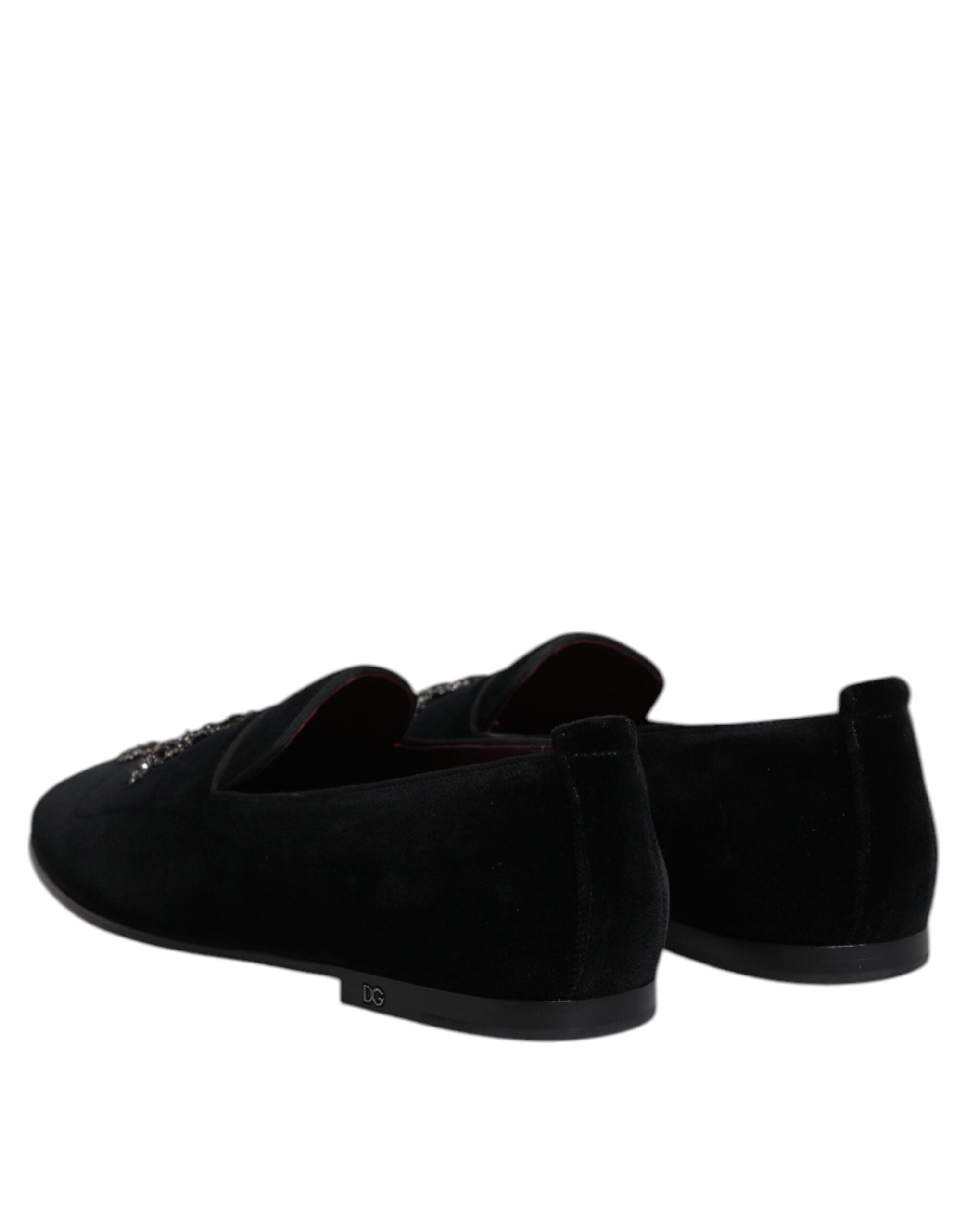 Dolce &amp; Gabbana – Loafer-Schlupfschuhe aus schwarzem Samt mit Verzierung