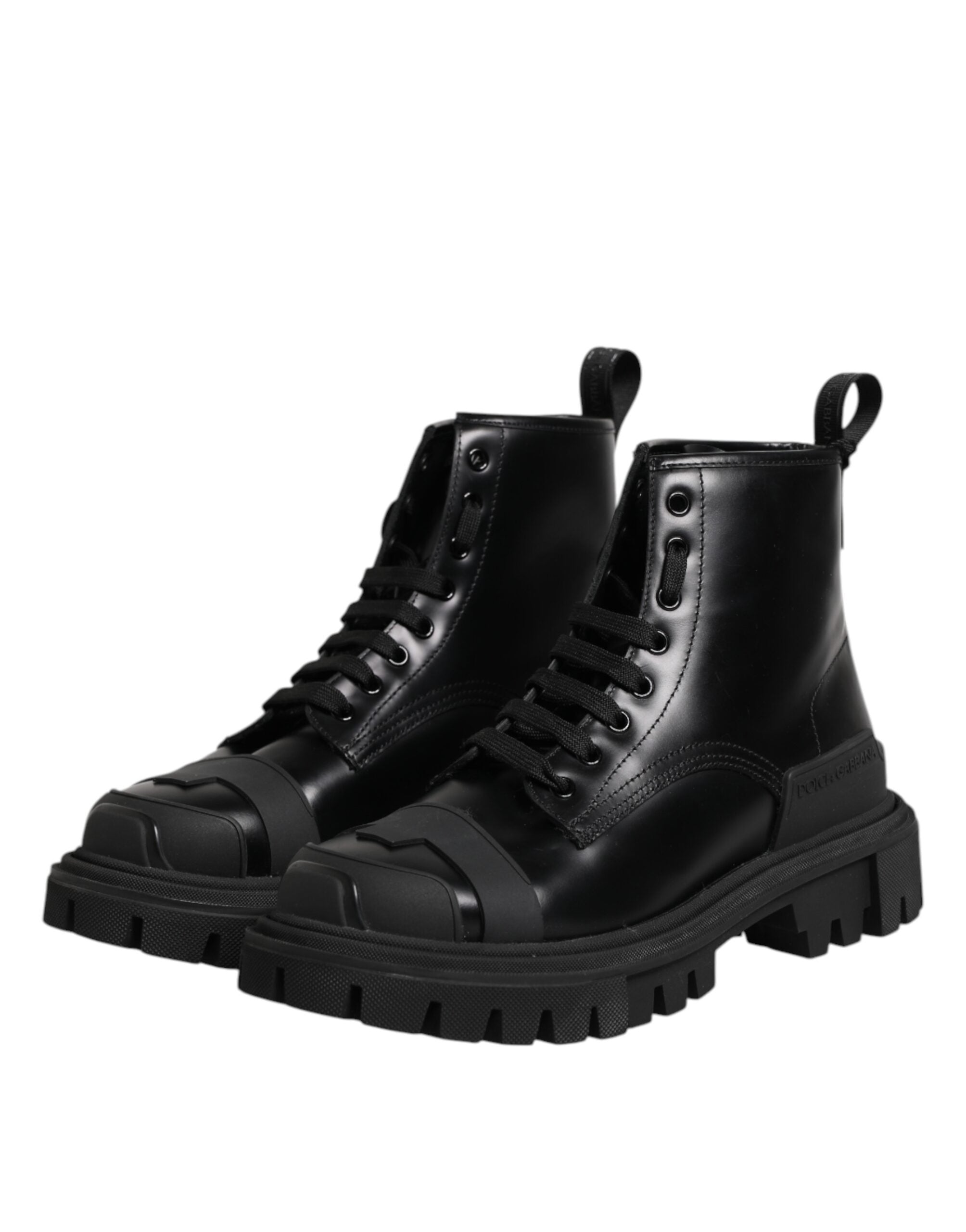 Dolce &amp; Gabbana – Schwarze, wadenhohe Schnürstiefel aus Leder