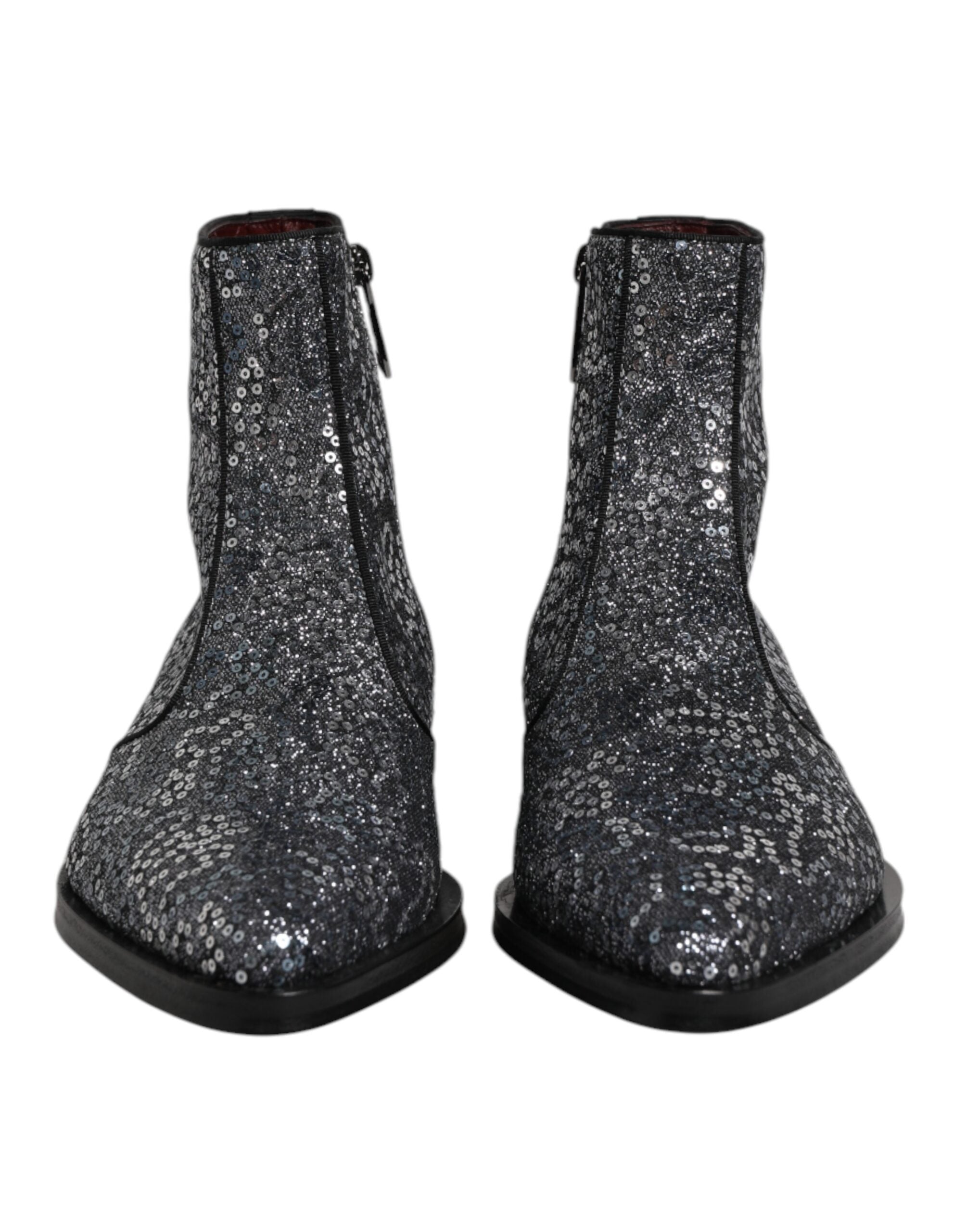 Dolce &amp; Gabbana Dunkelgraue Chelsea-Stiefel aus Baumwolle mit Pailletten