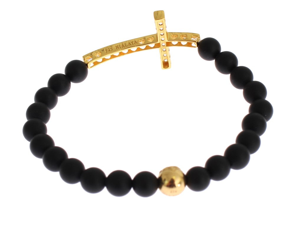 Nialaya Schickes Armband mit mattiertem Onyx und Zirkonia-Diamanten