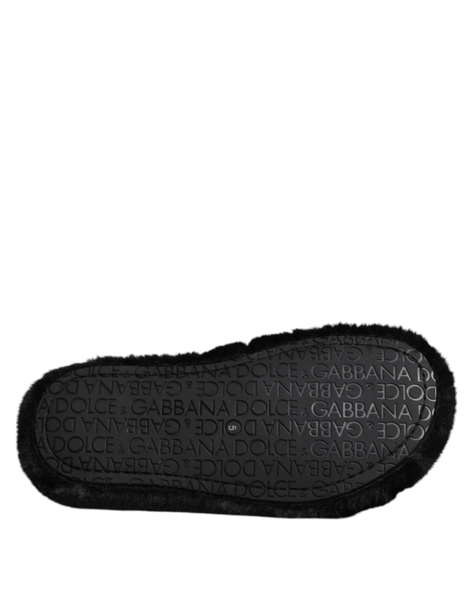 Dolce & Gabbana Black Faux Fur Flats Men Sandals Shoes