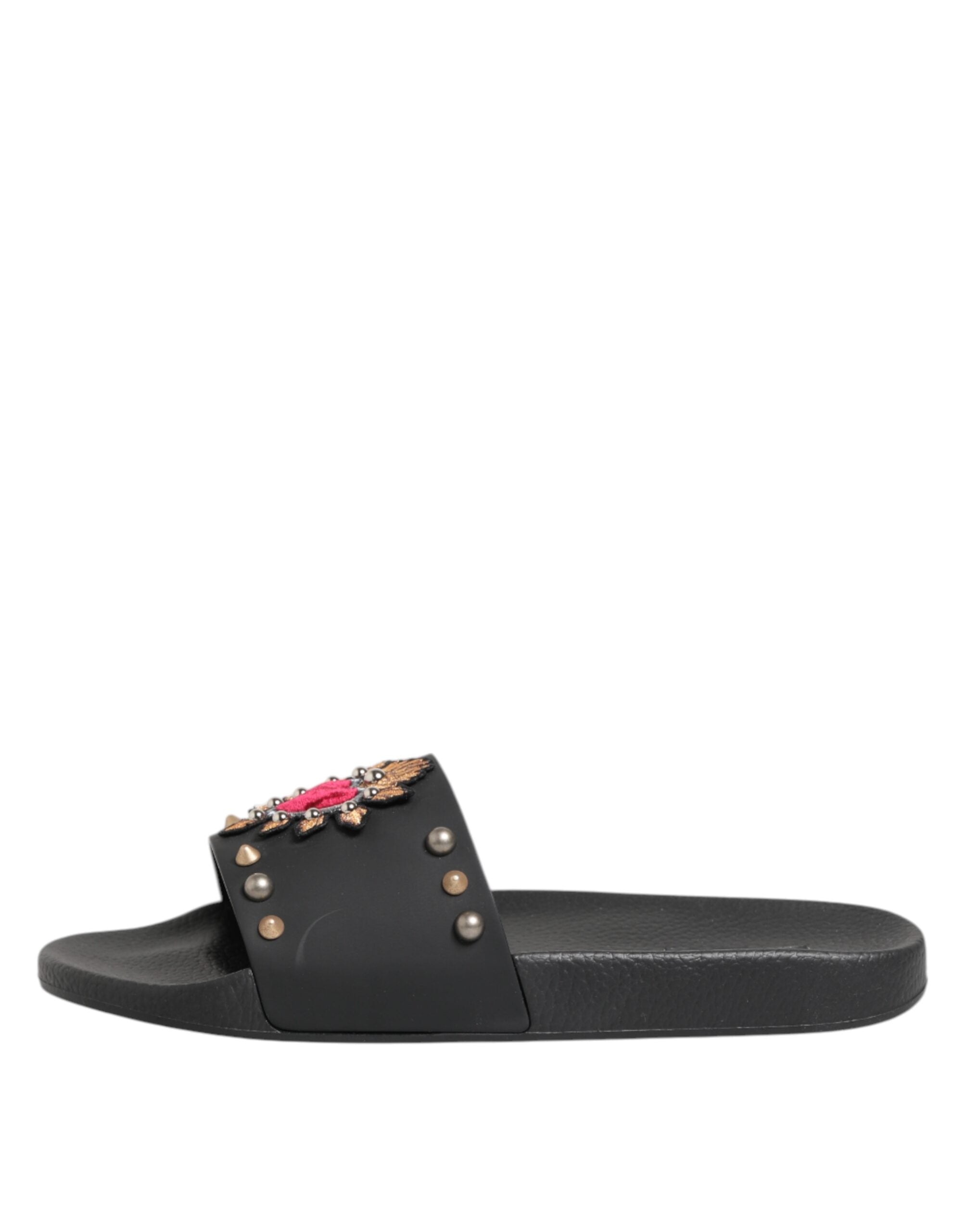 Dolce & Gabbana Black Rubber Sacred Heart Slides Men Beachwear Shoes