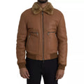 Dolce & Gabbana Brown Leather Fur Button Biker Coat Men's Jacket