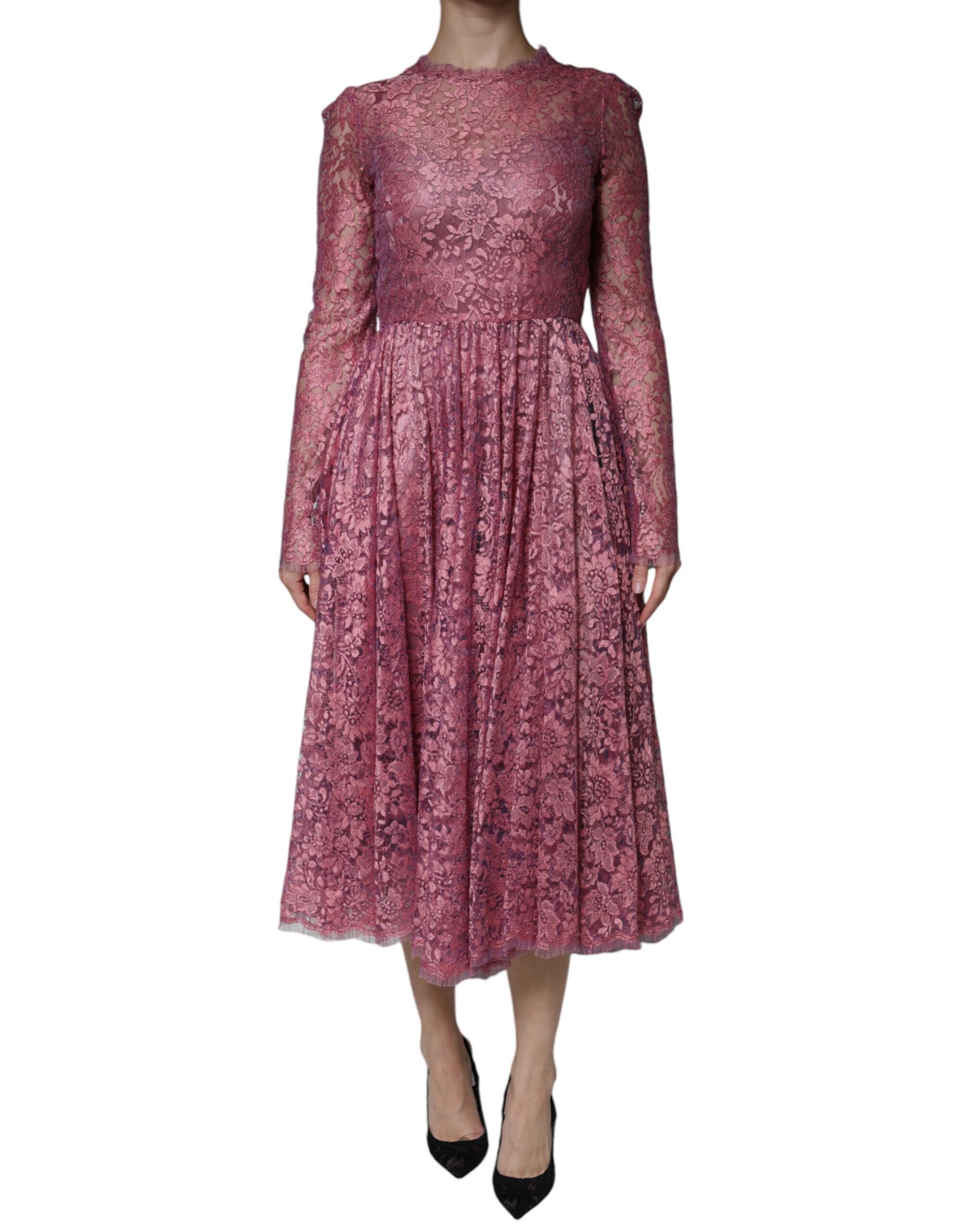 Dolce &amp; Gabbana – Langärmliges Midikleid aus rosa Blumenspitze