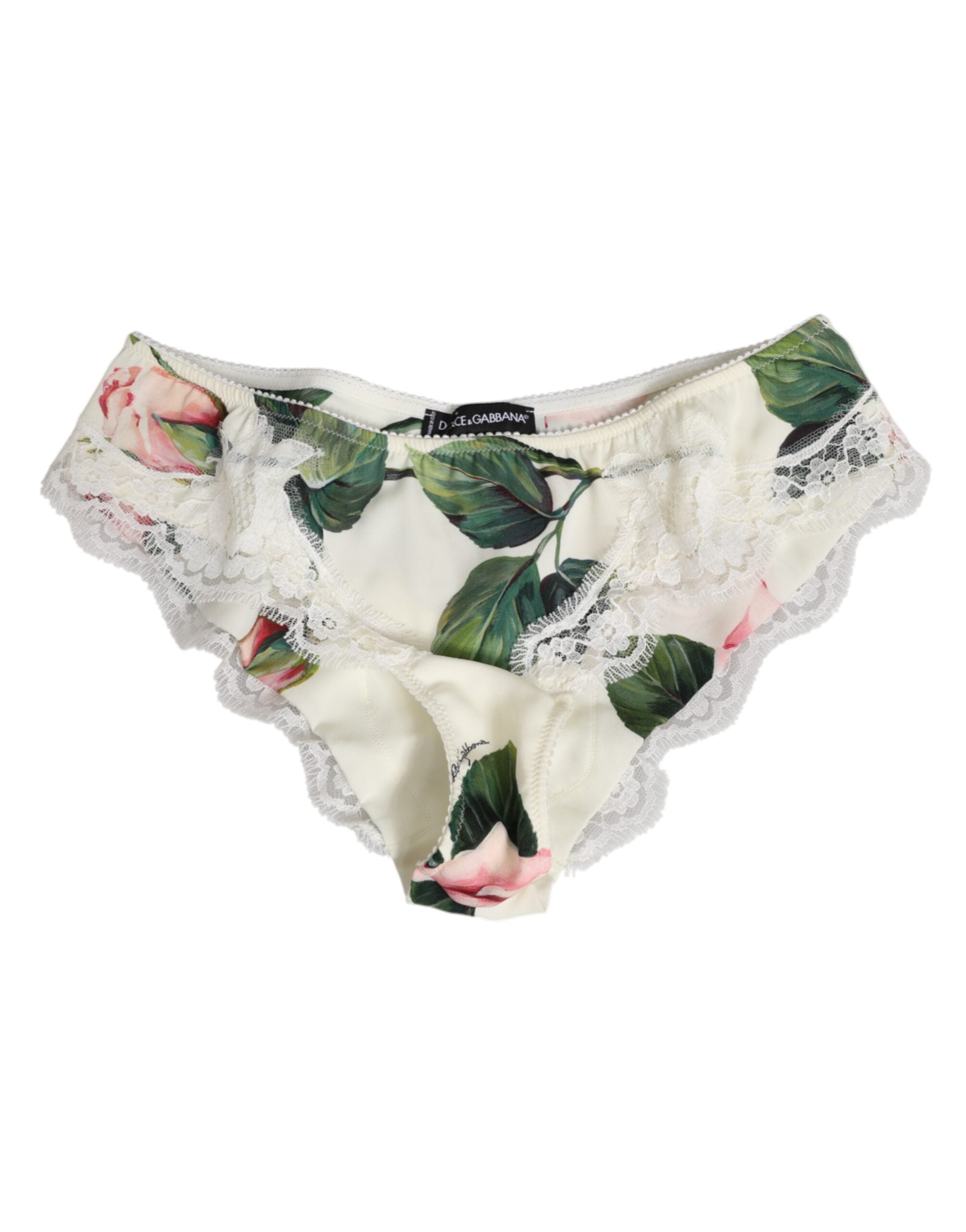 Dolce &amp; Gabbana – Slip aus weißem Seidensatin mit floralem Spitzenbesatz