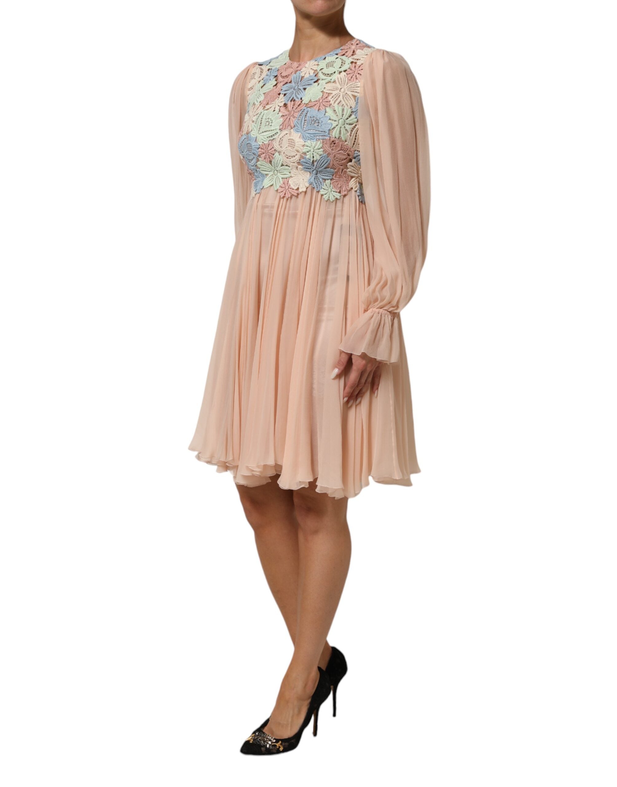 Dolce &amp; Gabbana – Plissiertes A-Linien-Kleid mit Blumenstickerei in Rosa