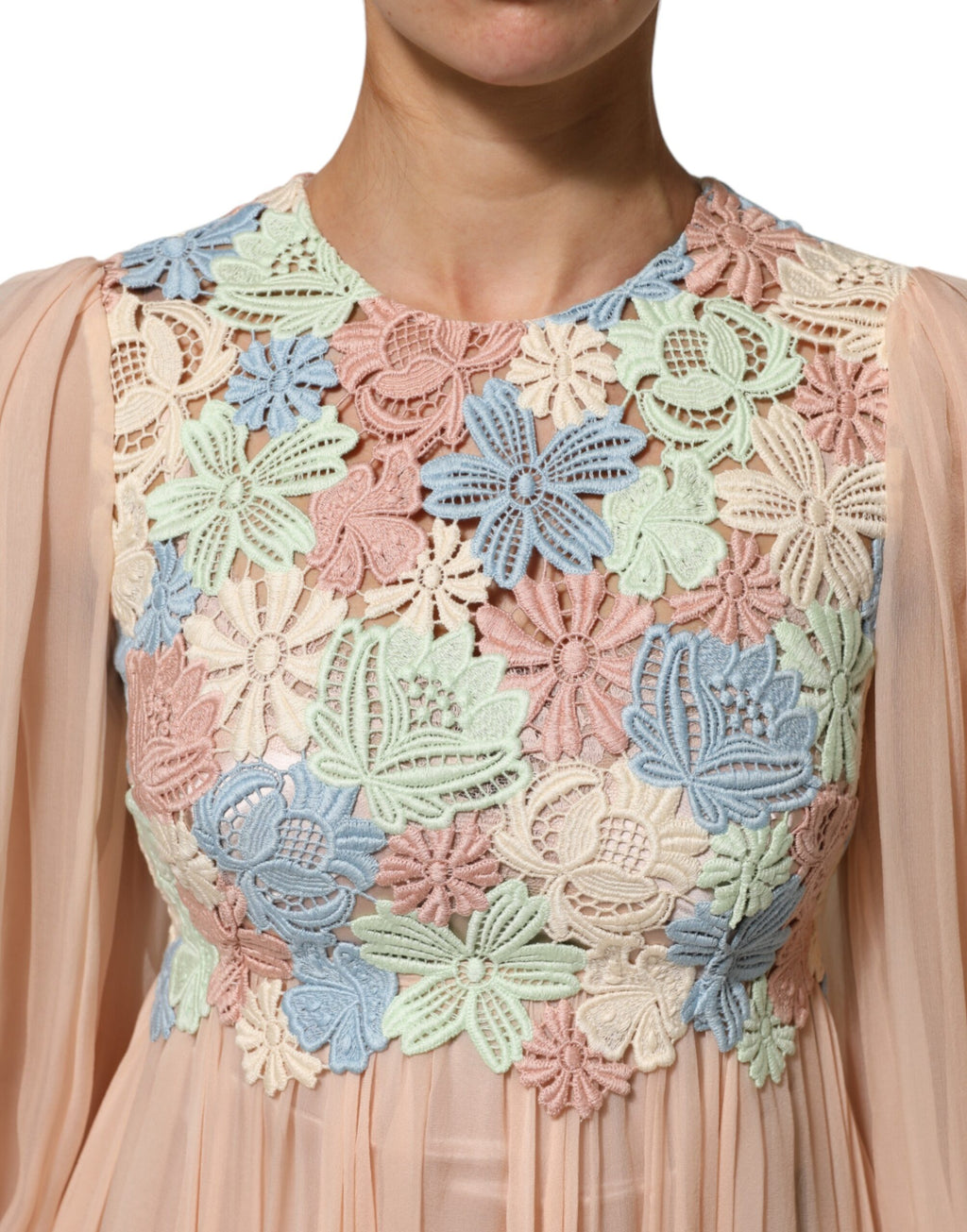 Dolce &amp; Gabbana – Plissiertes A-Linien-Kleid mit Blumenstickerei in Rosa
