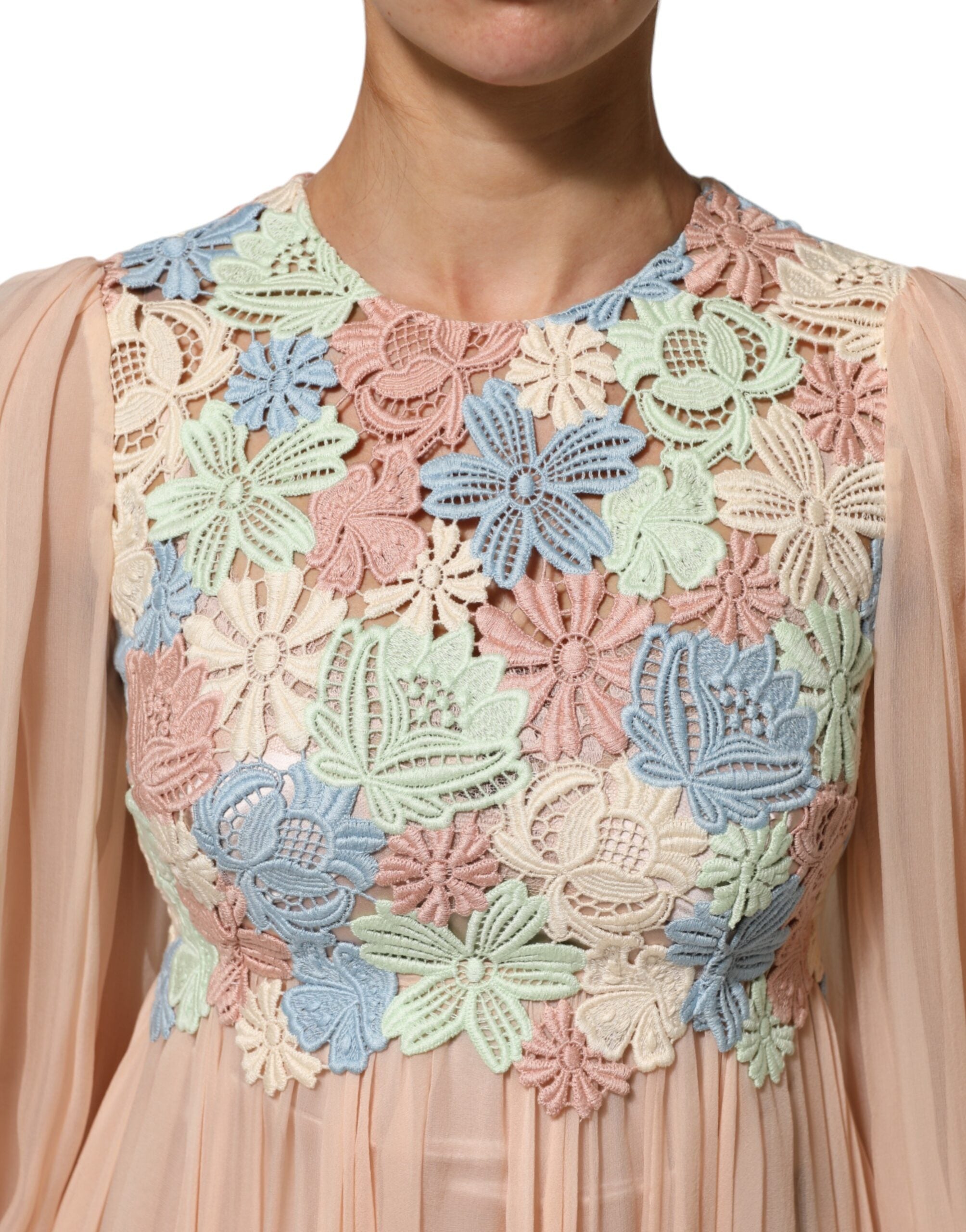 Dolce &amp; Gabbana – Plissiertes A-Linien-Kleid mit Blumenstickerei in Rosa