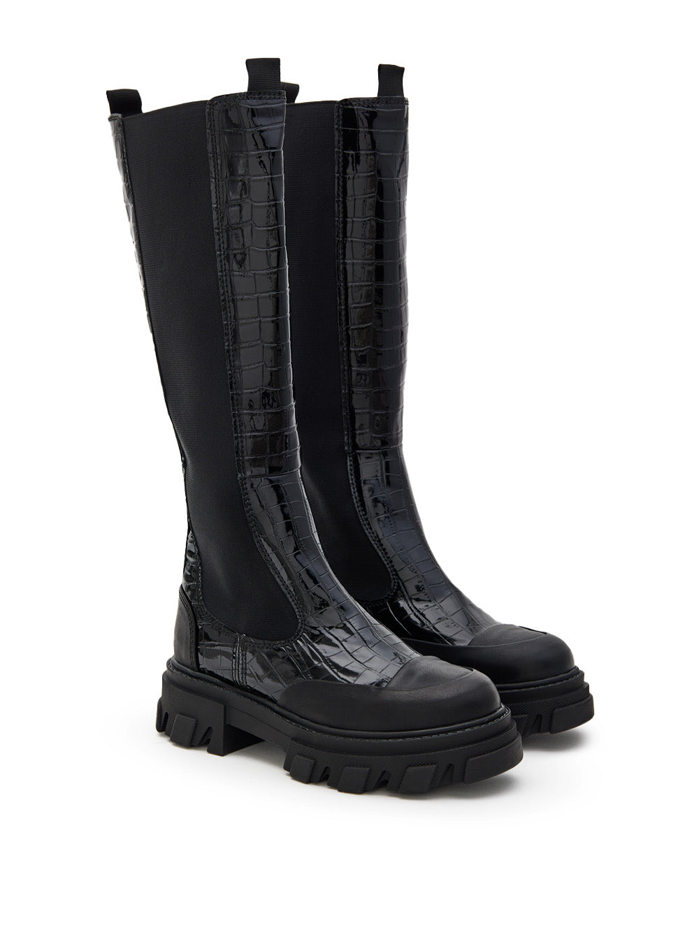 Black Knee-High Chelsea Boots with Crocodile Effect