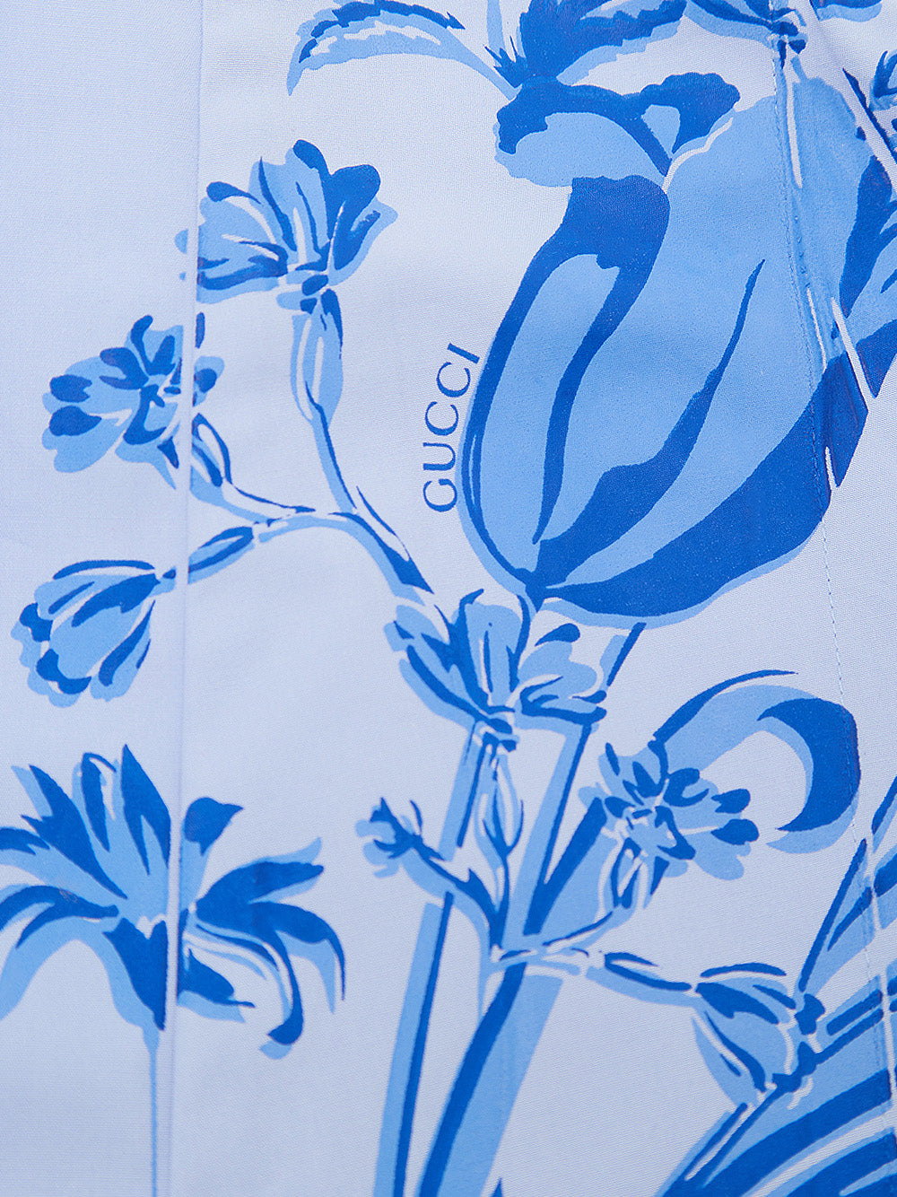 Light Blue Cotton Poplin Kimono Shirt with Gucci Flower Print.