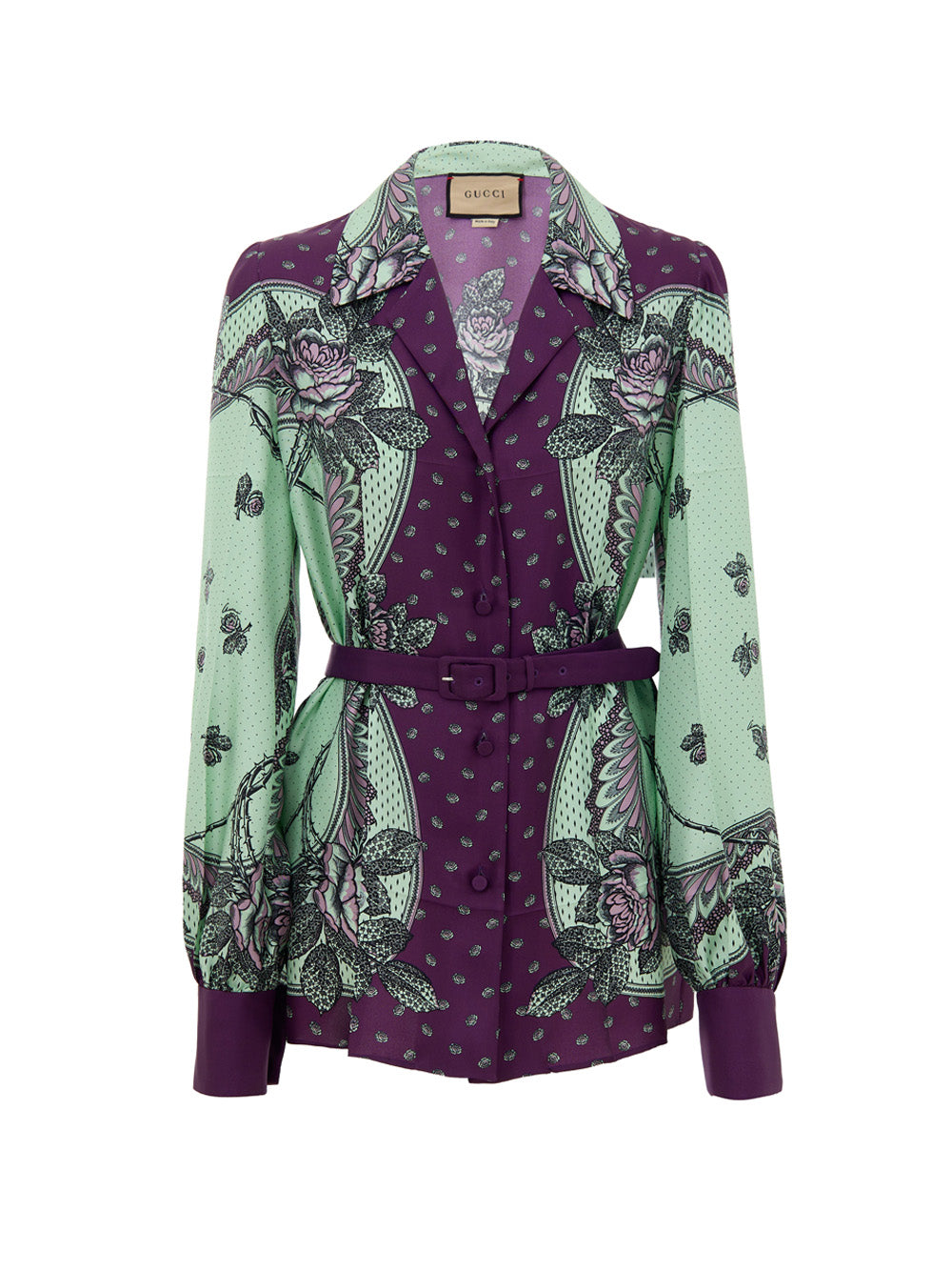 Gucci Green and Purple Floral Silk V-Neck Shirt – Women – Siebentaschen