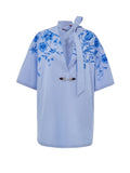 Light Blue Cotton Poplin Kimono Shirt with Gucci Flower Print.