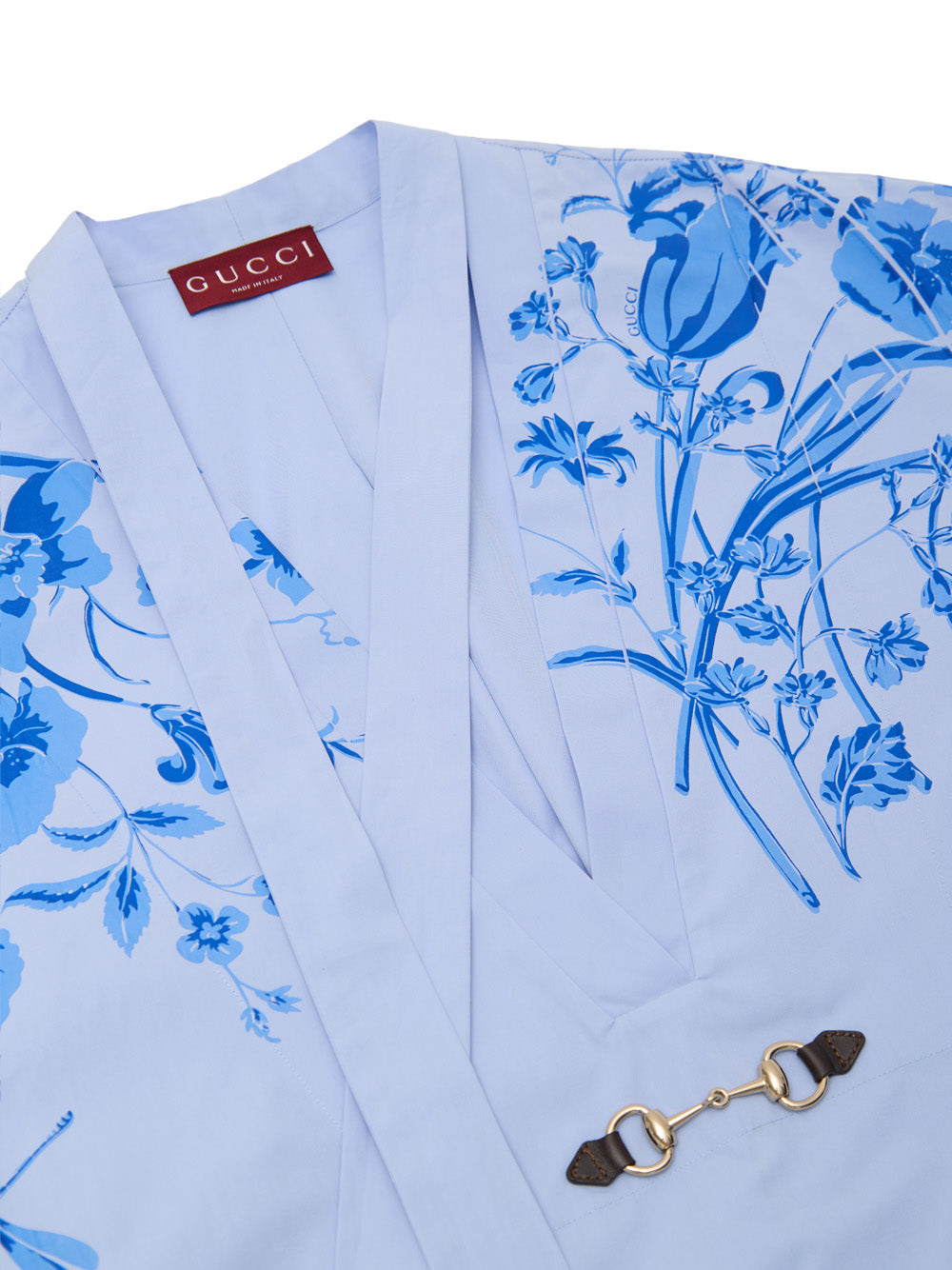 Light Blue Cotton Poplin Kimono Shirt with Gucci Flower Print.