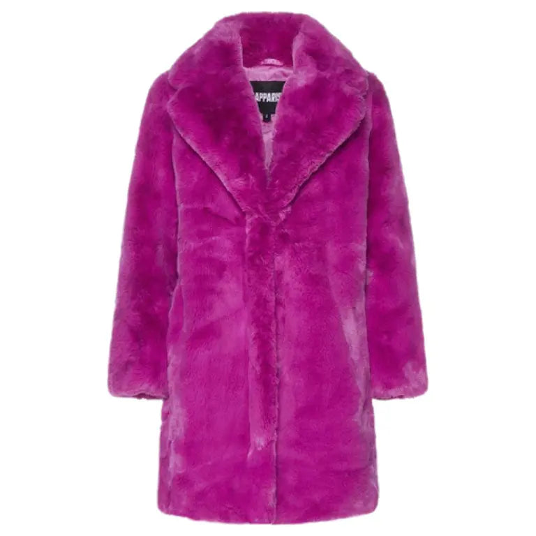 Apparis Women's Fashion Jacket in vibrant purple faux fur with a wide collar and long sleeves