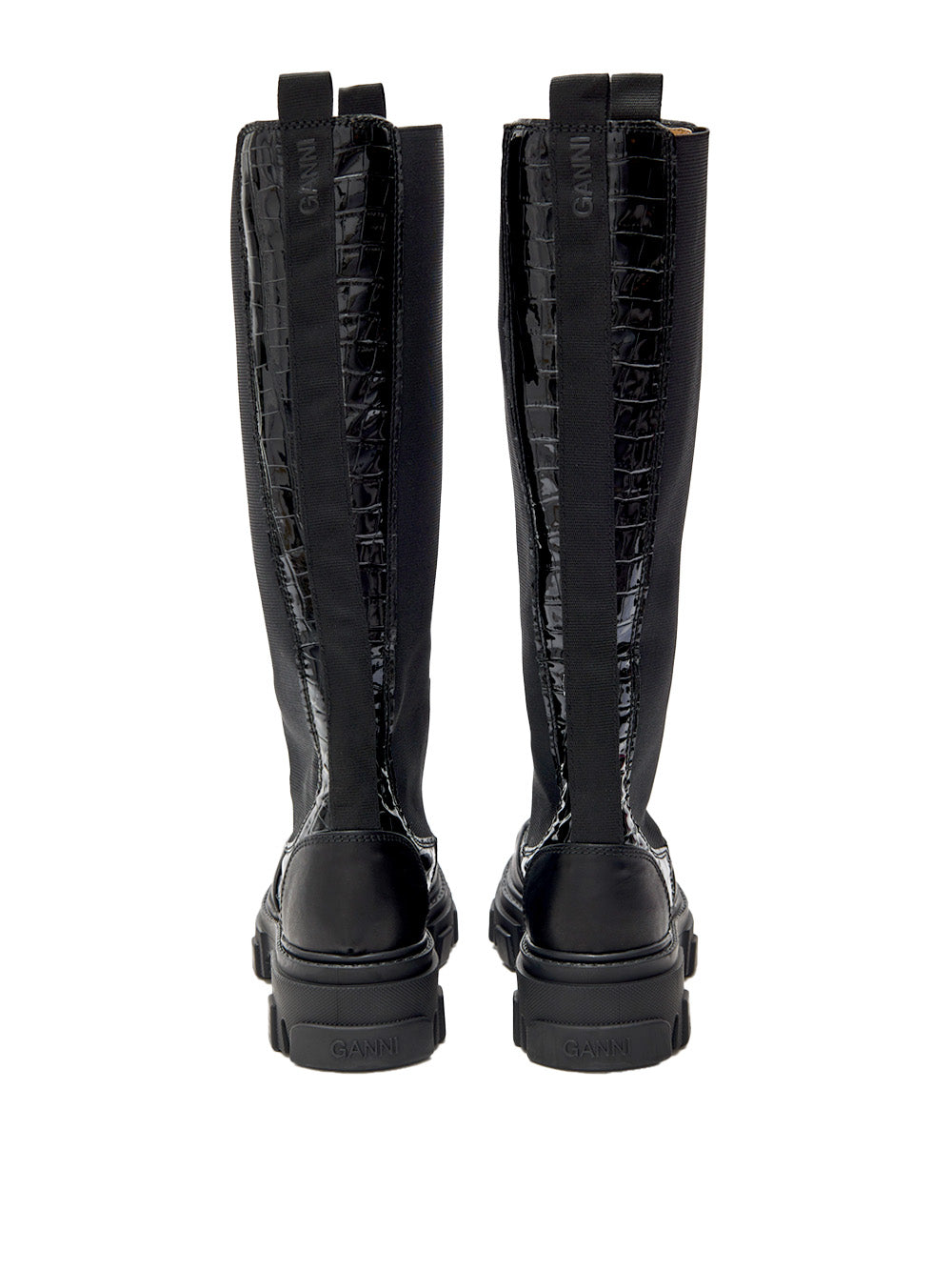 Black Knee-High Chelsea Boots with Crocodile Effect