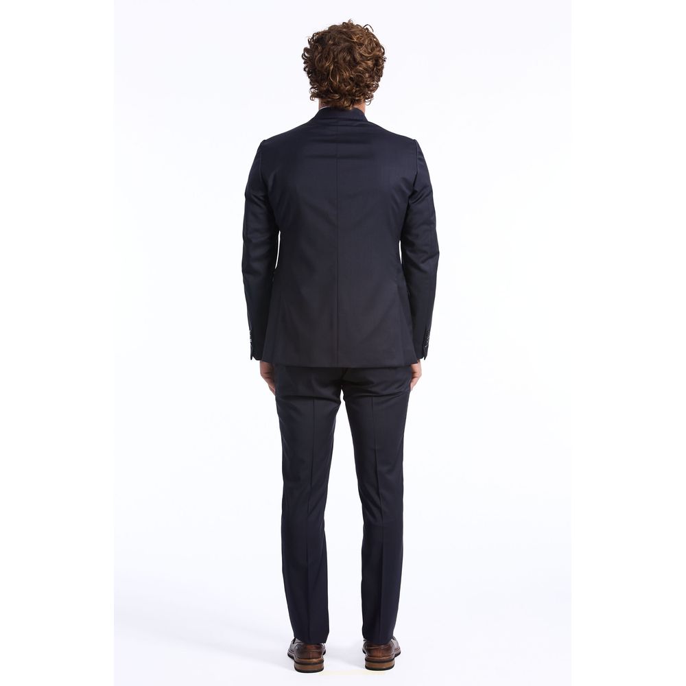 Back view of a man wearing a Baldinini blue wool suit with tailored fit and brown shoes