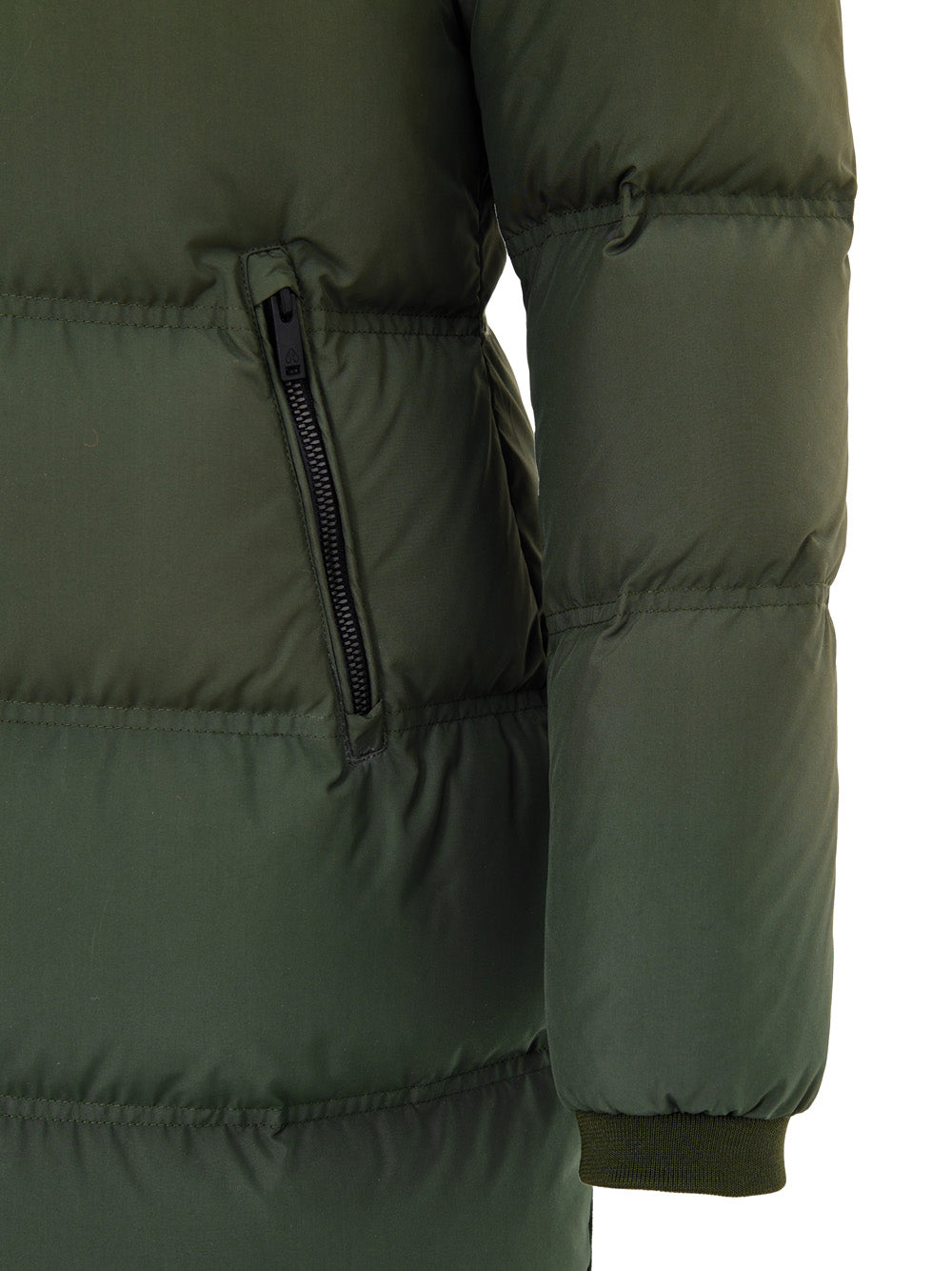 Moose Knuckles Long Green Padded Down Jacket with Hood