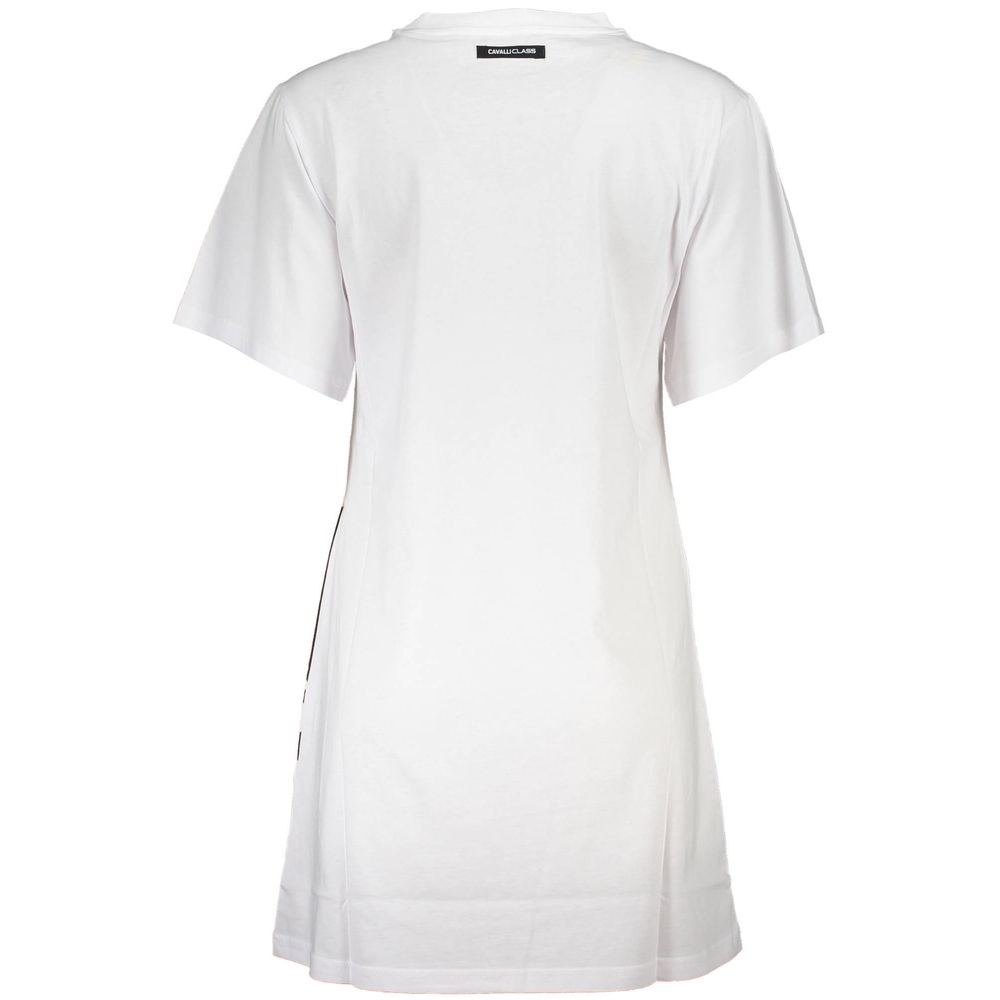 Back view of Cavalli Class white dress with short sleeves and simple straight cut design