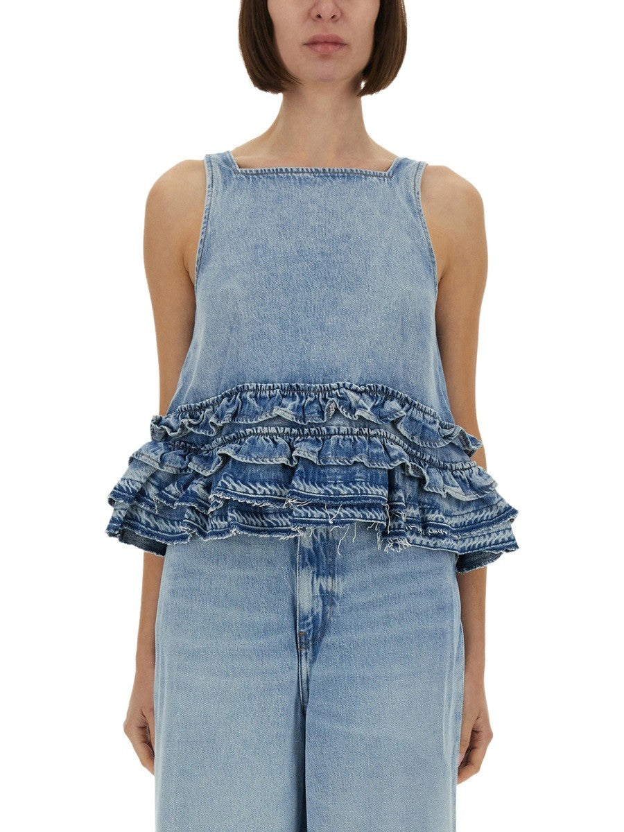 GANNI DENIM RUFFLE TOP