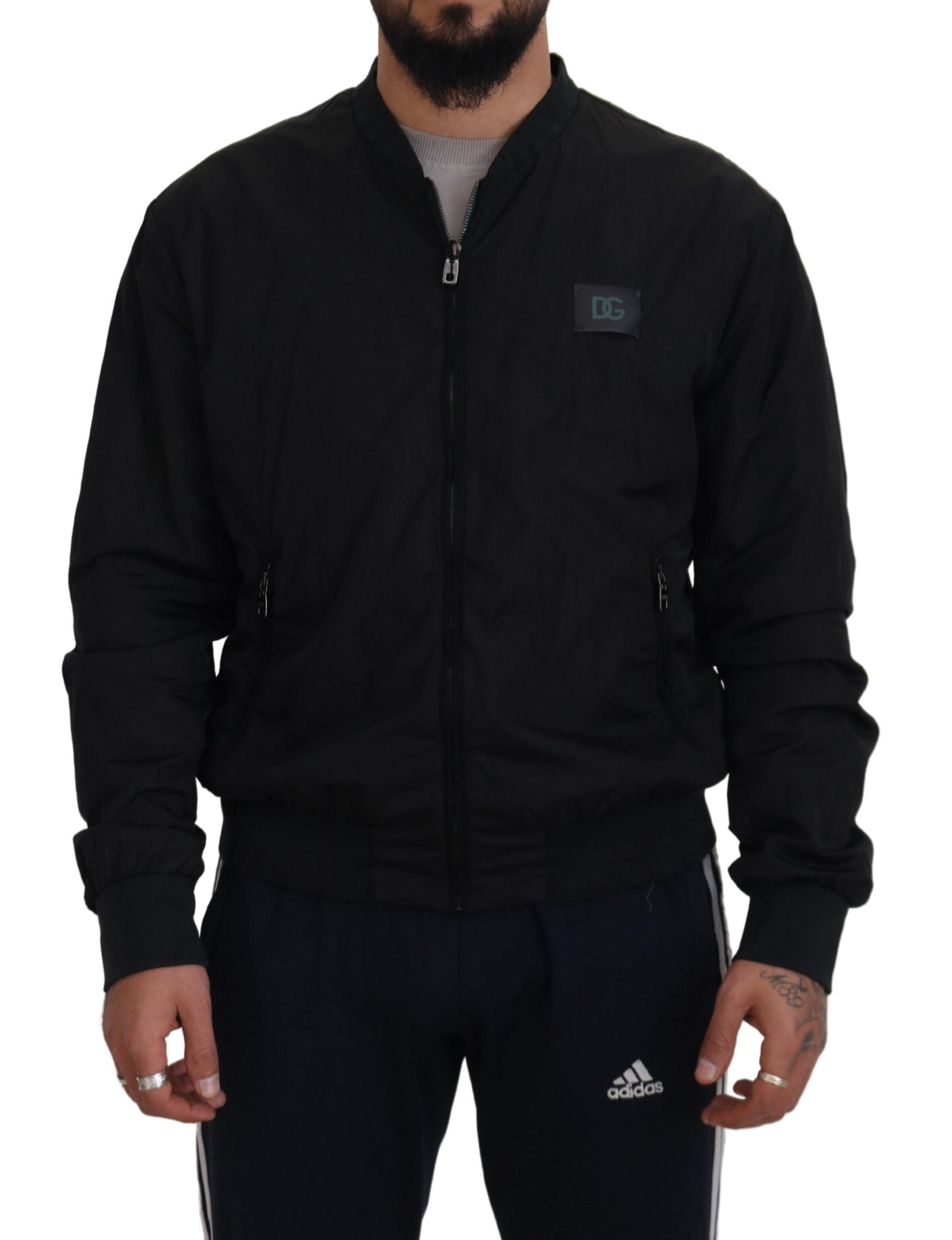Dolce & Gabbana black bomber jacket with front zipper and logo patch on chest