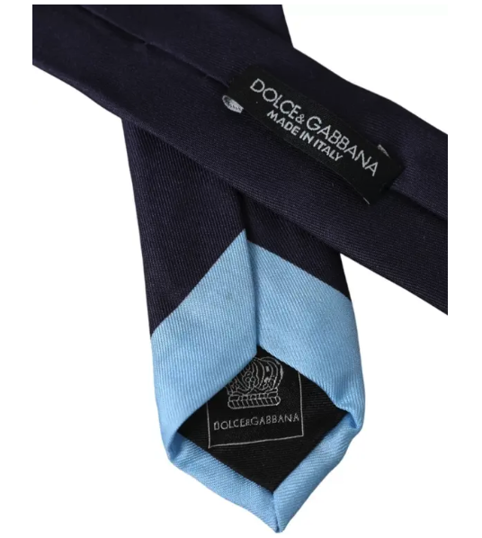 Dolce & Gabbana silk tie in navy blue with light blue accents and brand label detail