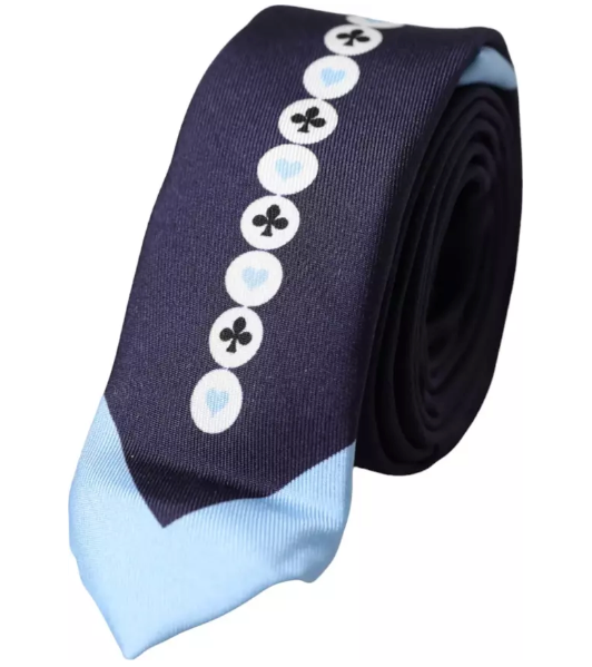 Dolce & Gabbana silk tie in navy blue with light blue tip and white club and heart pattern