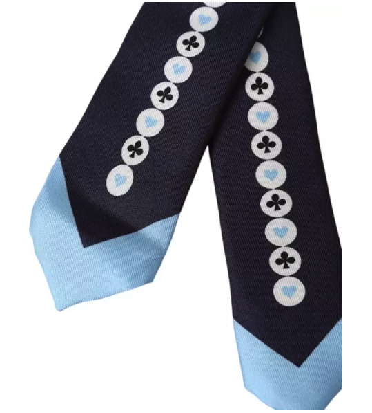 Dolce & Gabbana silk tie in navy blue with light blue tips and white and black club and heart patterns